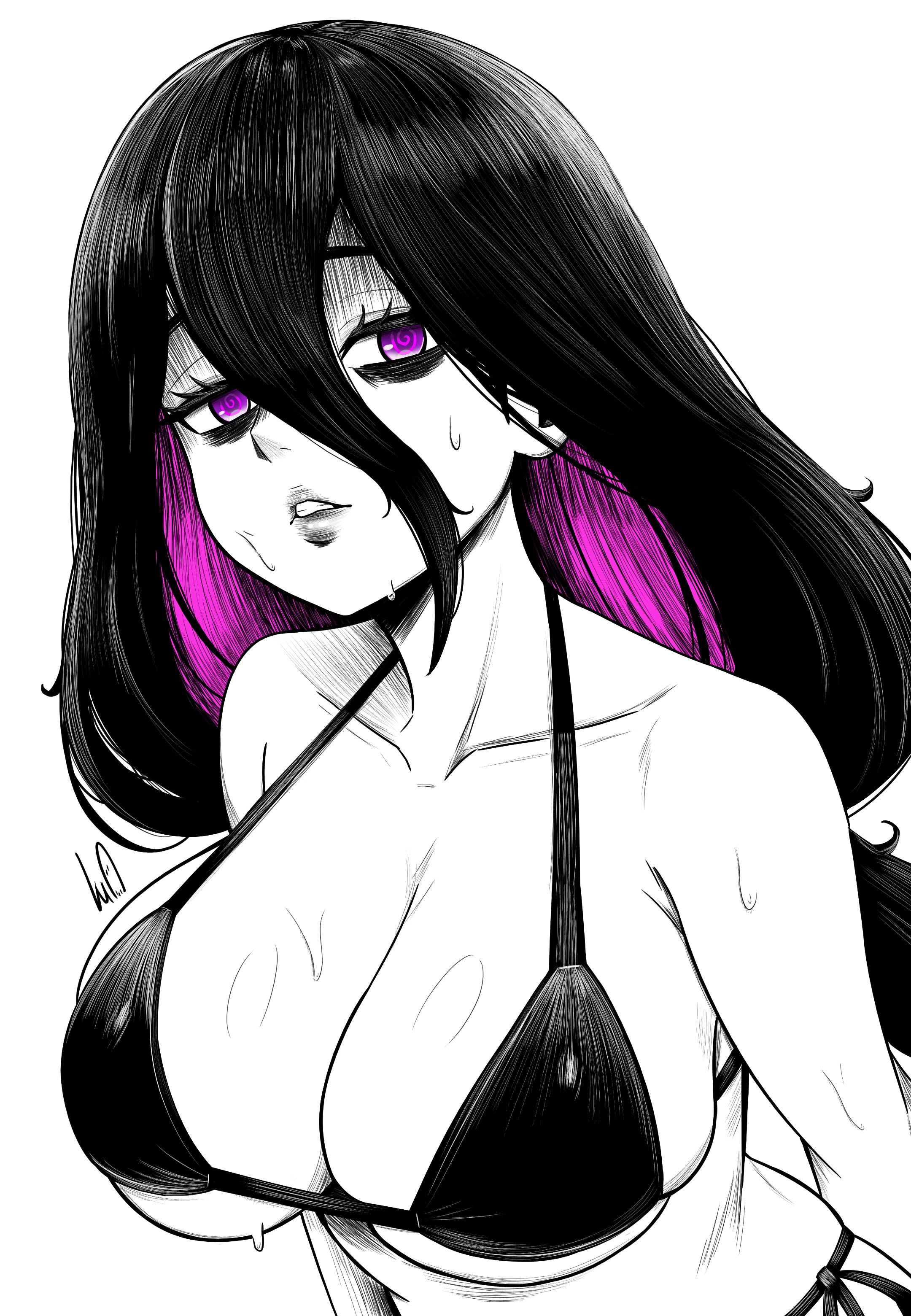lughost, hex maniac (pokemon), hex maniac (pokemon legends: z-a), nintendo, pokemon, pokemon legends: z-a, absurdres, highres, 1girl, bags under eyes, bikini, breasts, colored inner hair, hair between eyes, large breasts, lips, long hair, looking at viewer, low-tied long hair, multicolored hair, purple eyes, purple hair, solo, spot color, swimsuit, upper body