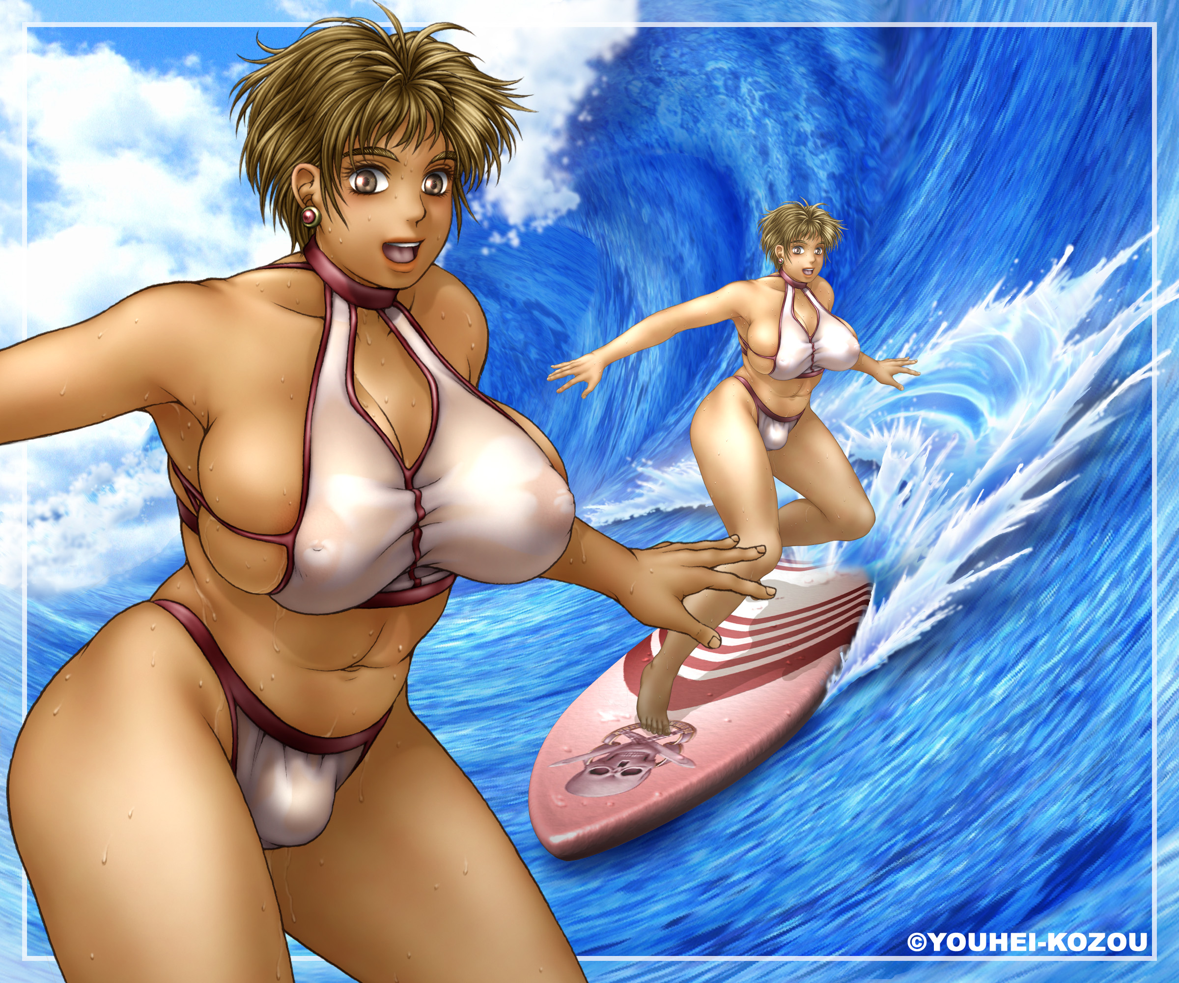 youhei kozou, phaia, spunky knight, highres, 1girl, artist name, bikini, blue sky, breasts, cloud, earrings, female focus, huge breasts, jewelry, jolly roger, large breasts, open mouth, outdoors, short hair, sideboob, skull and crossed swords, sky, solo, surfing, swimsuit, water