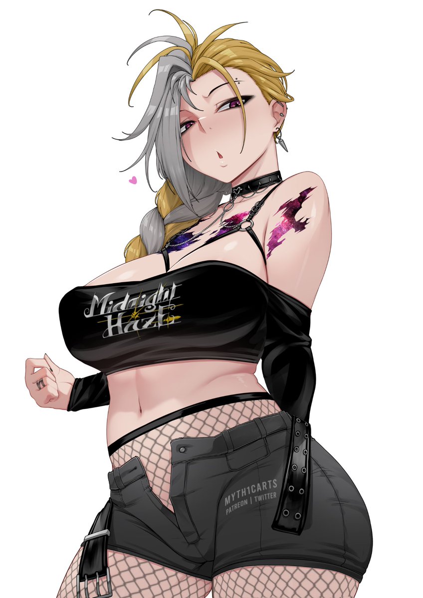 myth1carts, character request, 1girl, arm tattoo, belt, blonde hair, breasts, chest tattoo, cleavage, clothes writing, crop top, ear piercing, eyebrow piercing, face piercing, fishnet pantyhose, fishnets, medium breasts, midriff, multicolored hair, navel, open belt, open fly, pantyhose, piercing, short shorts, shorts, sunny (vtuber), tattoo, two-tone hair, virtual youtuber, white hair