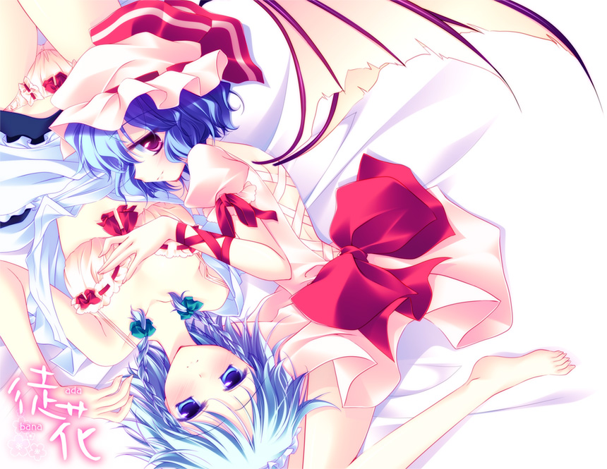 mitsuki (artist), motomiya mitsuki, izayoi sakuya, remilia scarlet, touhou, silver hair, 2girls, barefoot, bat wings, blue eyes, blue hair, bra, braid, feet, female focus, hat, lingerie, multiple girls, open clothes, open shirt, panties, red eyes, shirt, short hair, twin braids, underwear, wings