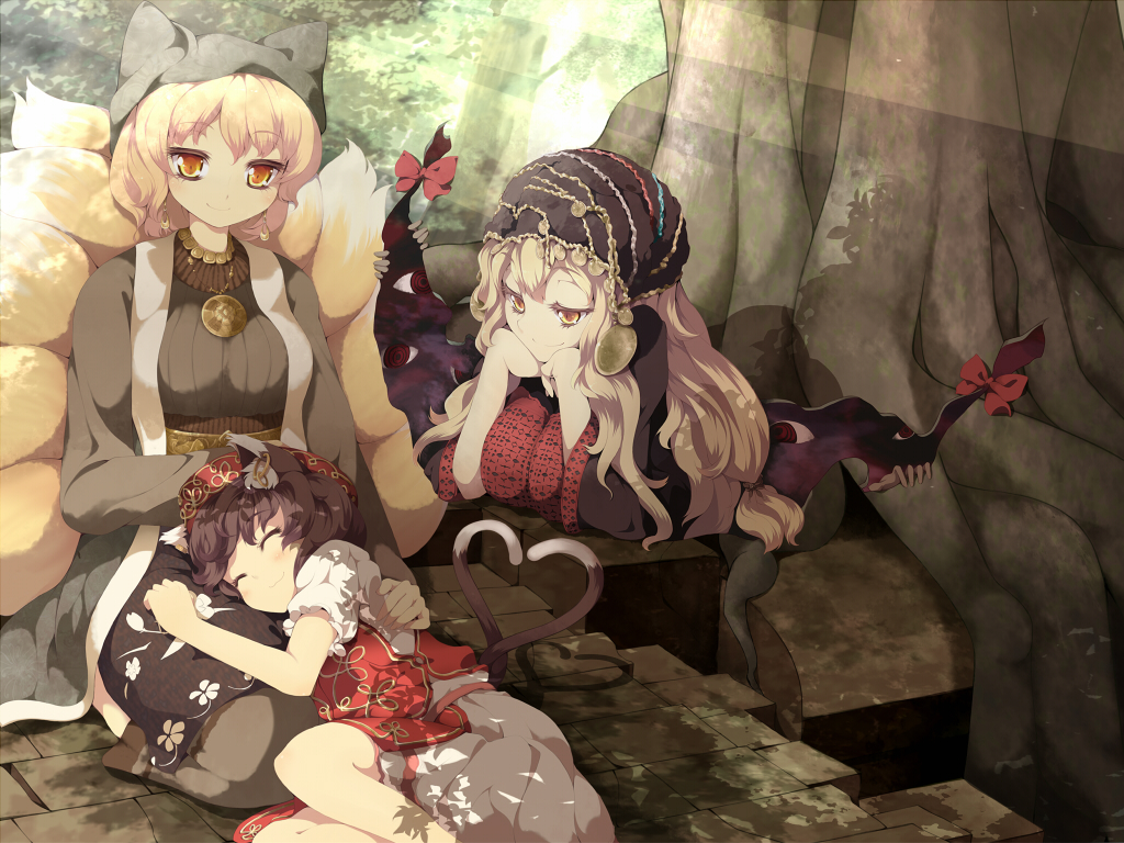 uruu gekka, chen, yakumo ran, yakumo yukari, touhou, 3girls, alternate costume, animal ears, animal hat, blonde hair, bow, brown hair, cat ears, cat girl, cat tail, closed eyes, earrings, family bonding, female focus, fox tail, gap (touhou), gypsy, hat, heart, heart tail, jewelry, lap pillow, long hair, long sleeves, mob cap, multiple girls, multiple tails, puffy short sleeves, puffy sleeves, seiza, short hair, short sleeves, sitting, sleeping, tail