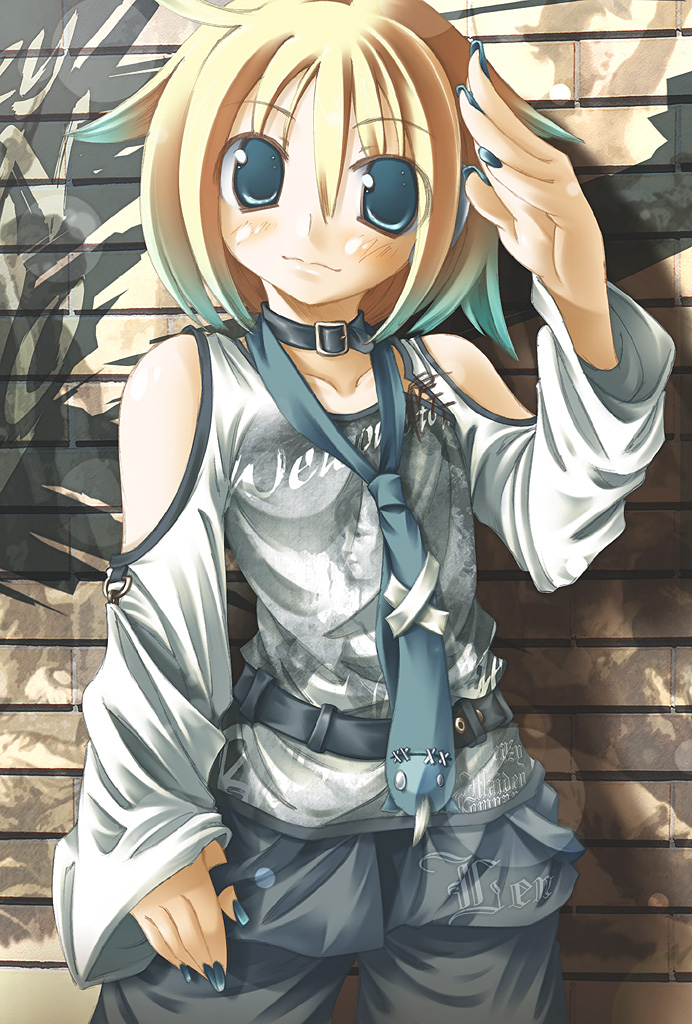 yamada yuuki (cmc strayfield), kagamine len, vocaloid, bad id, bad pixiv id, 1boy, blonde hair, blue eyes, blue nails, male focus, nail polish, necktie, short hair, smile, solo