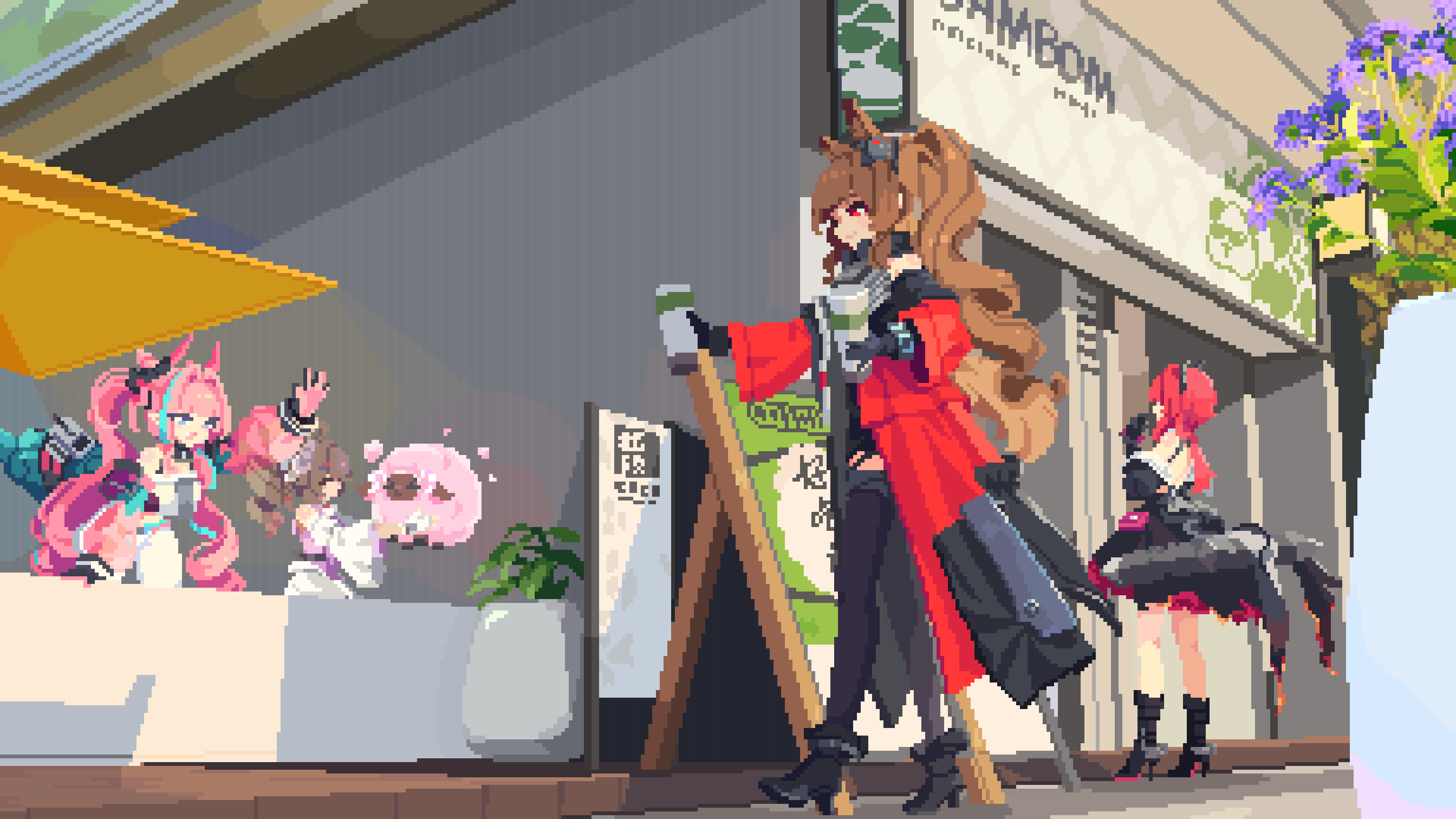 yemengmengai, angelina (arknights), gilberta (arknights), laevatein (arknights), surtr (arknights), yvonne (arknights), arknights, arknights: endfield, hashtag-only commentary, highres, 4girls, animal, animal ears, aqua tail, ardelia (arknights), baby animal, black boots, black dress, black horns, black shoes, black socks, black thighhighs, blue streaks, boots, breasts, brown hair, coat, cup, day, demon horns, disposable coffee cup, disposable cup, dolly (arknights), dress, flower, fold-over boots, fox ears, fox girl, full body, gloves, hand on own chin, headgear, high collar, high heels, holding, holding animal, holding cup, horns, kneehighs, lamb, large breasts, long hair, looking at another, midridf, midriff, multiple girls, off shoulder, open clothes, open coat, outdoors, pants, pink gloves, pink hair, pink horns, pink tube top, pixel art, plant, ponytail, potted plant, purple flower, purple shirt, red coat, red eyes, red hair, sheep, sheep ears, sheep girl, sheep horns, shirt, shoes, shop, short dress, sideless dress, signboard, smile, socks, storefront, strapless, thighhighs, tube top, twintails, vase, waving, white coat, white horns, white pants, white shirt