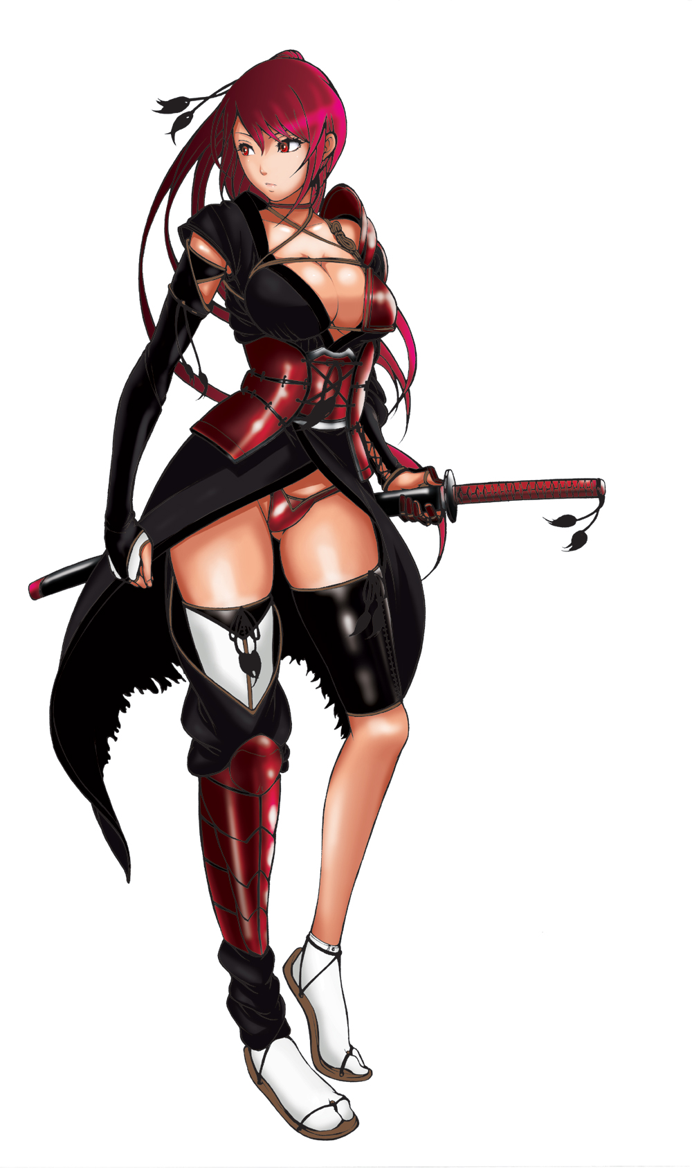 akisu karasu, original, bad id, bad pixiv id, highres, 1girl, asymmetrical clothes, breasts, bridal gauntlets, cleavage, female focus, katana, large breasts, legs, long hair, long legs, panties, pink hair, ponytail, red eyes, red panties, sandals, simple background, single thighhigh, socks, solo, sword, thighhighs, thighs, underwear, warrior, weapon