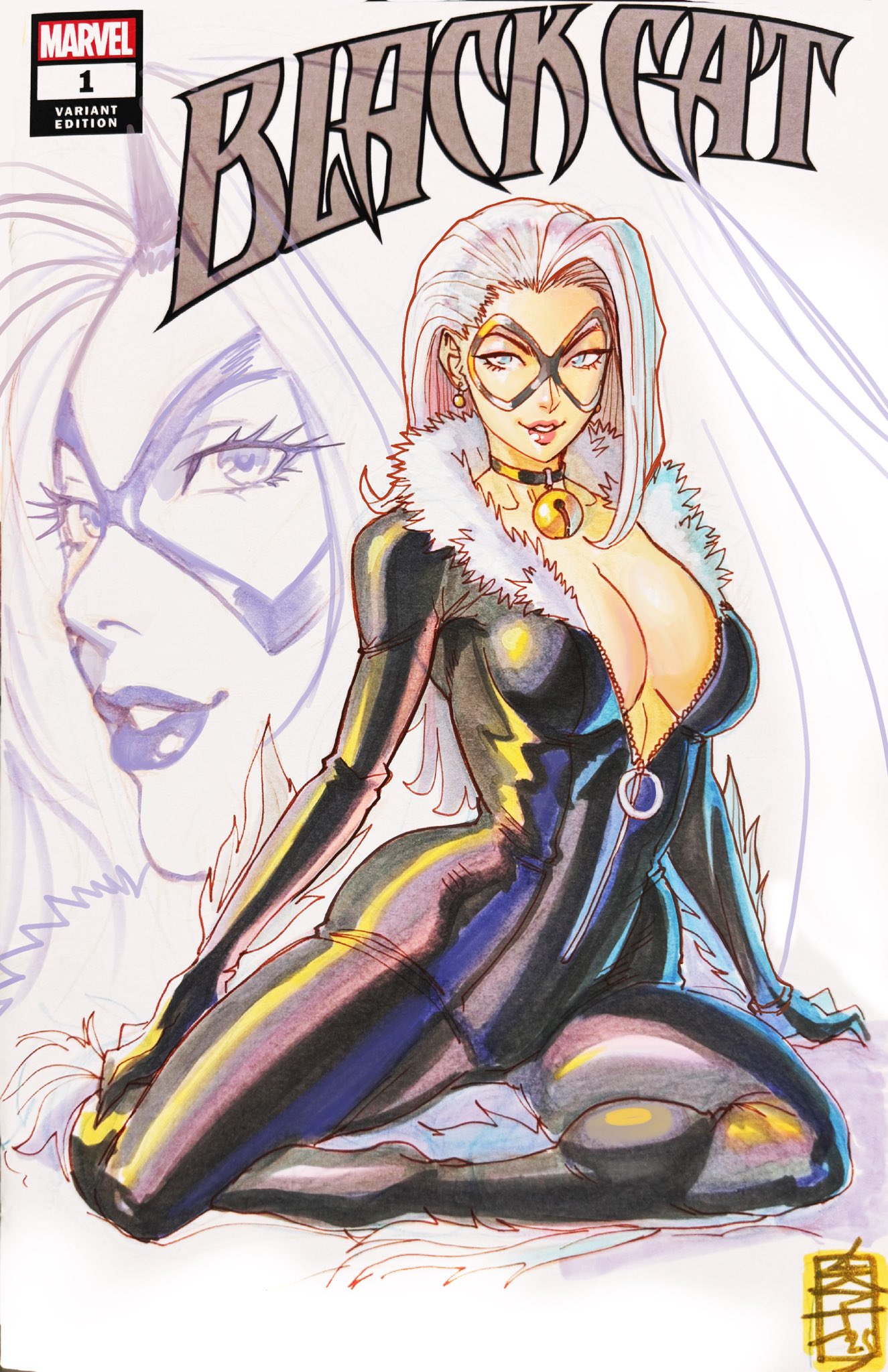 acecore2k, black cat (marvel), felicia hardy, marvel, spider-man (series), commentary, english commentary, highres, marker (medium), pen (medium), traditional media, 1girl, bell, black bodysuit, black gloves, blue eyes, bodysuit, breasts, character name, cleavage, copyright logo, cover sketch, earrings, fur-trimmed bodysuit, gloves, jewelry, large breasts, logo, long hair, looking to the side, mask, neck bell, parted lips, partially unzipped, pinup (style), sitting, solo, sphere earrings, white hair