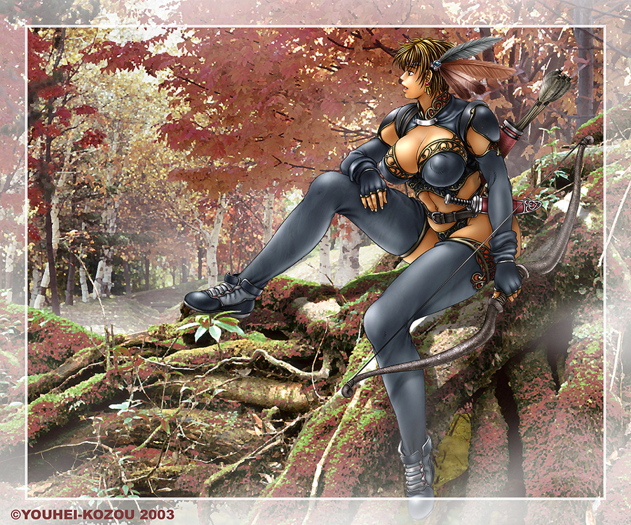 youhei kozou, phaia, spunky knight, 00s, 1girl, 2003, armor, arrow (projectile), artist name, bikini armor, bow (weapon), breasts, curvy, earrings, elbow gloves, feathers, female focus, fingerless gloves, forest, gloves, jewelry, knife, large breasts, nature, outdoors, short hair, solo, thighhighs, tree, weapon