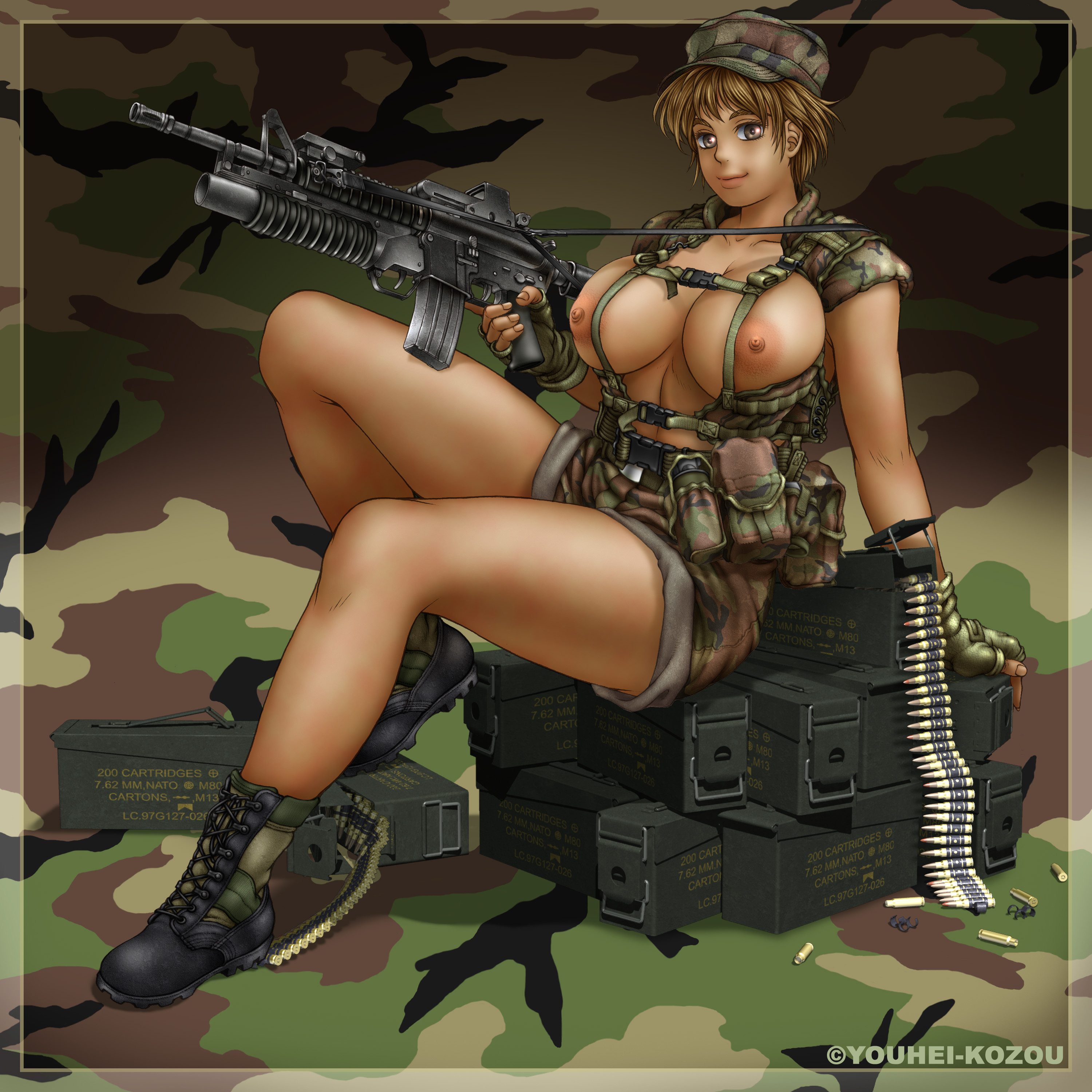 youhei kozou, phaia, aai corporation, airtronic usa, colt's manufacturing company, colt defense, diemaco, knight's armament company, lewis machine and tool company, rm equipment, spunky knight, u.s. ordnance, absurdres, highres, 1girl, ammunition, ammunition box, artist name, boots, border, breasts, breasts out, bullet, camouflage, camouflage background, curvy, female focus, fingerless gloves, gloves, grenade launcher, gun, huge breasts, large areolae, large breasts, looking at viewer, m203, machine gun, military, military vest, nipples, puffy nipples, short hair, solo, topless female, trigger discipline, underbarrel grenade launcher, vest, weapon