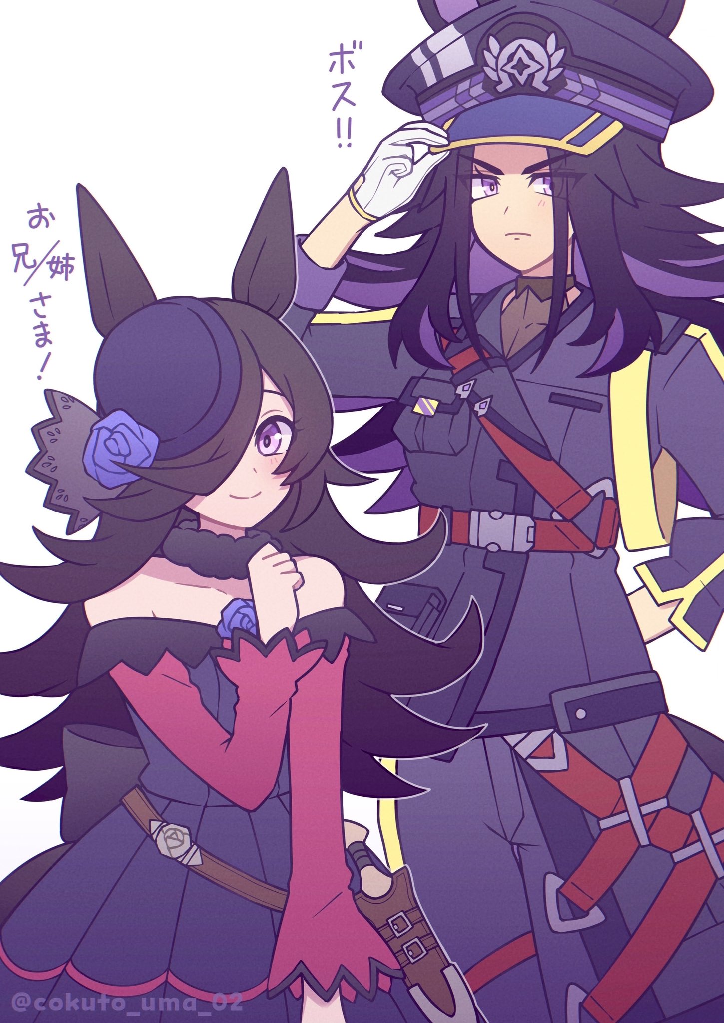 w3n6e, fenomeno (black flames of the righteous spirit) (umamusume), fenomeno (umamusume), rice shower (rosy dreams) (umamusume), rice shower (umamusume), umamusume, highres, 2girls, animal ears, bare shoulders, black hair, black jacket, black pants, blue dress, blue flower, blue hat, blue rose, blush, brown hair, closed mouth, dagger, dress, ears through headwear, fascinator, flipped hair, flower, fur choker, gloves, hair over one eye, hat, hat flower, horse ears, horse girl, horse tail, horseshoe hat ornament, horseshoe ornament, jacket, knife, long hair, long sleeves, looking at viewer, multicolored hair, multiple girls, off-shoulder dress, off shoulder, pants, peaked cap, purple eyes, purple hair, rose, sheath, sheathed, shirt, simple background, smile, tail, tilted headwear, weapon, white gloves