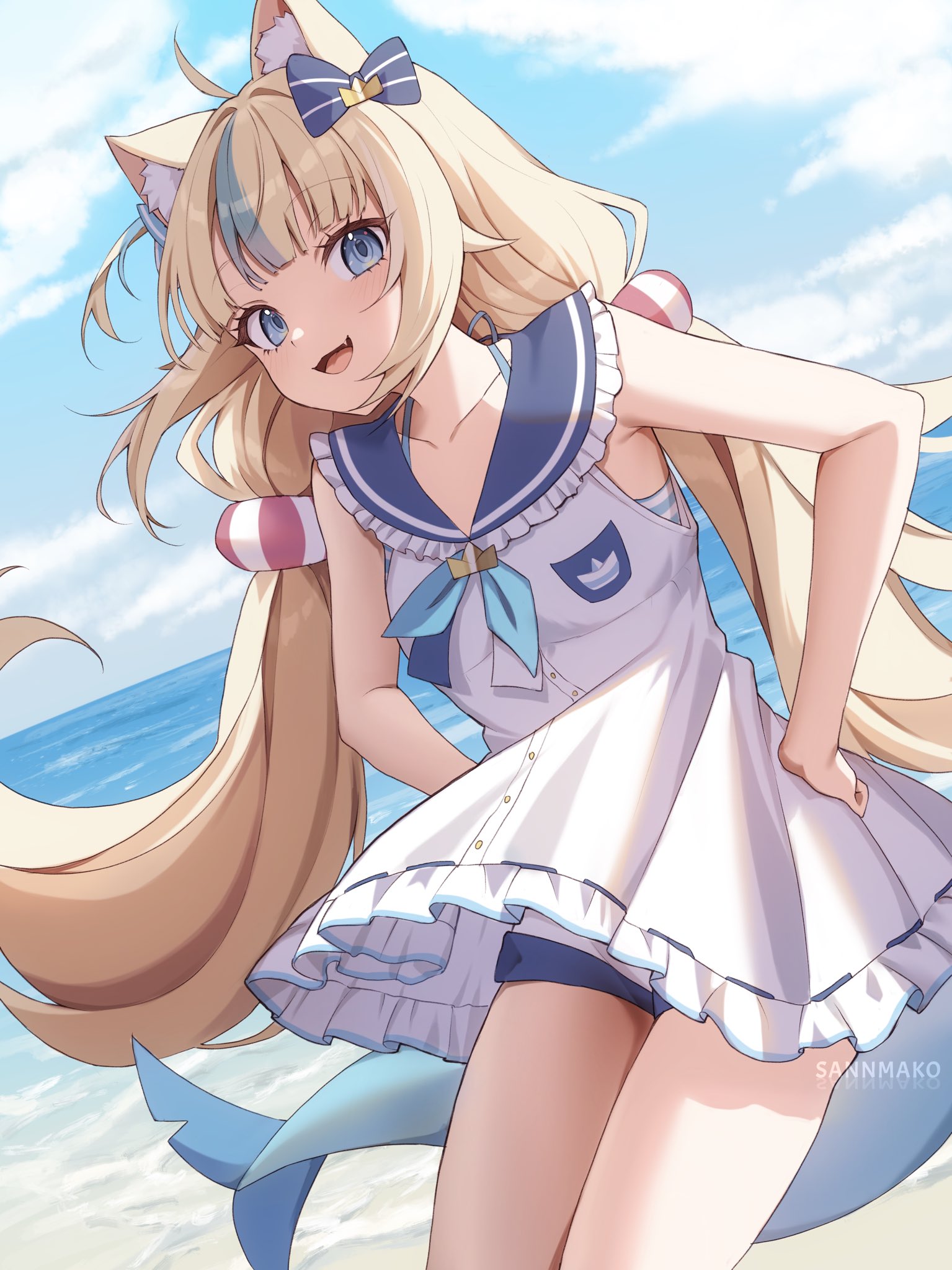 sannmako, sameko saba, indie virtual youtuber, highres, 1girl, animal ears, beach, black bow, blonde hair, blue eyes, blue hair, bow, cat ears, dress, fins, fish girl, fish tail, hair bow, long hair, multicolored hair, ocean, open mouth, shorts, solo, tail, white dress, white shorts