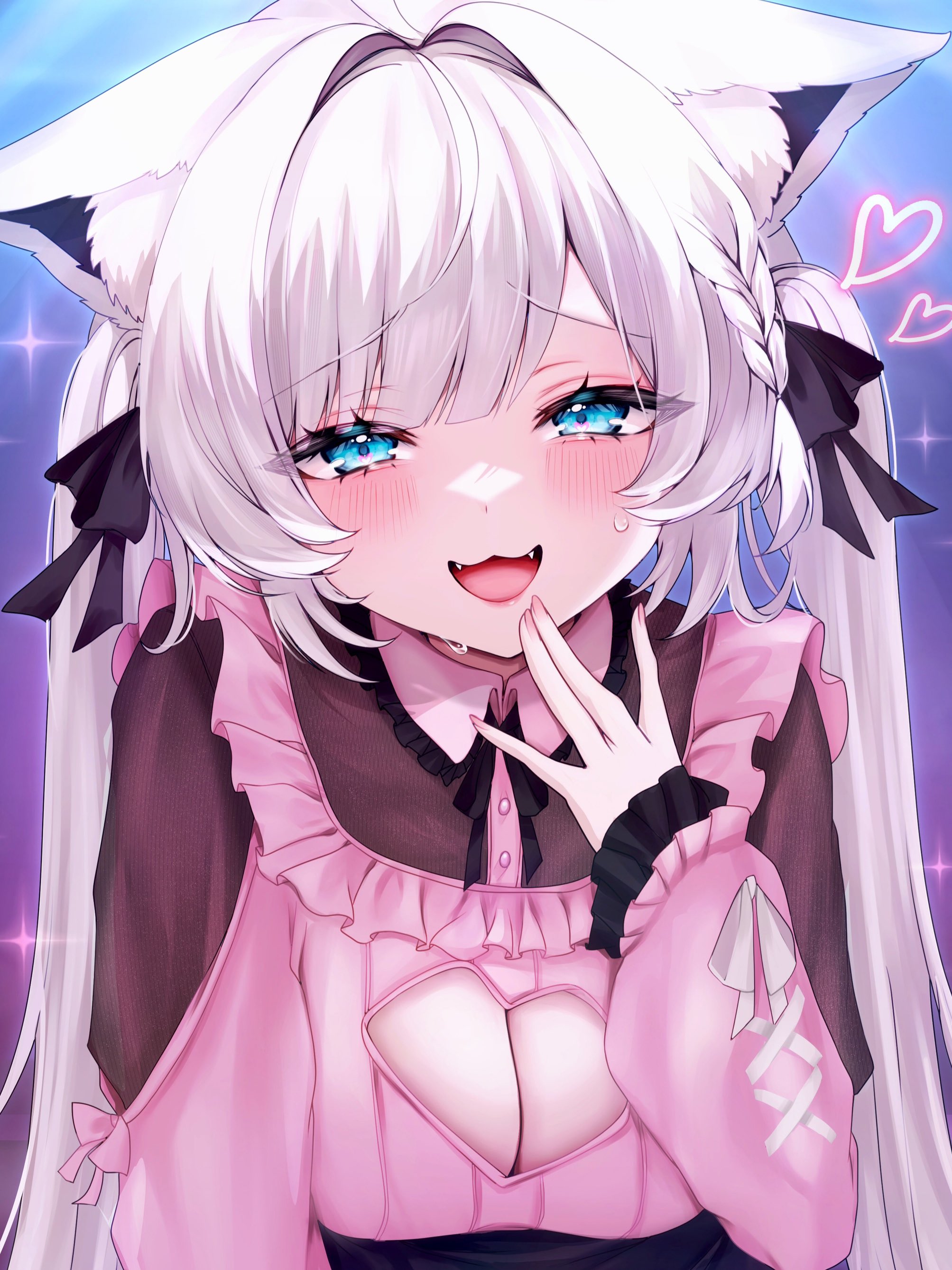 yu lei, shirakami fubuki, hololive, absurdres, highres, 1girl, animal ear fluff, animal ears, black ribbon, blue eyes, blush, breasts, cleavage cutout, clothing cutout, collared dress, dress, fang, fox ears, frilled dress, frills, hair ribbon, heart, jirai kei, long hair, long sleeves, looking at viewer, medium breasts, open mouth, pink dress, raised inner eyebrows, ribbon, smile, sparkle background, sweat, swept bangs, twintails, white hair