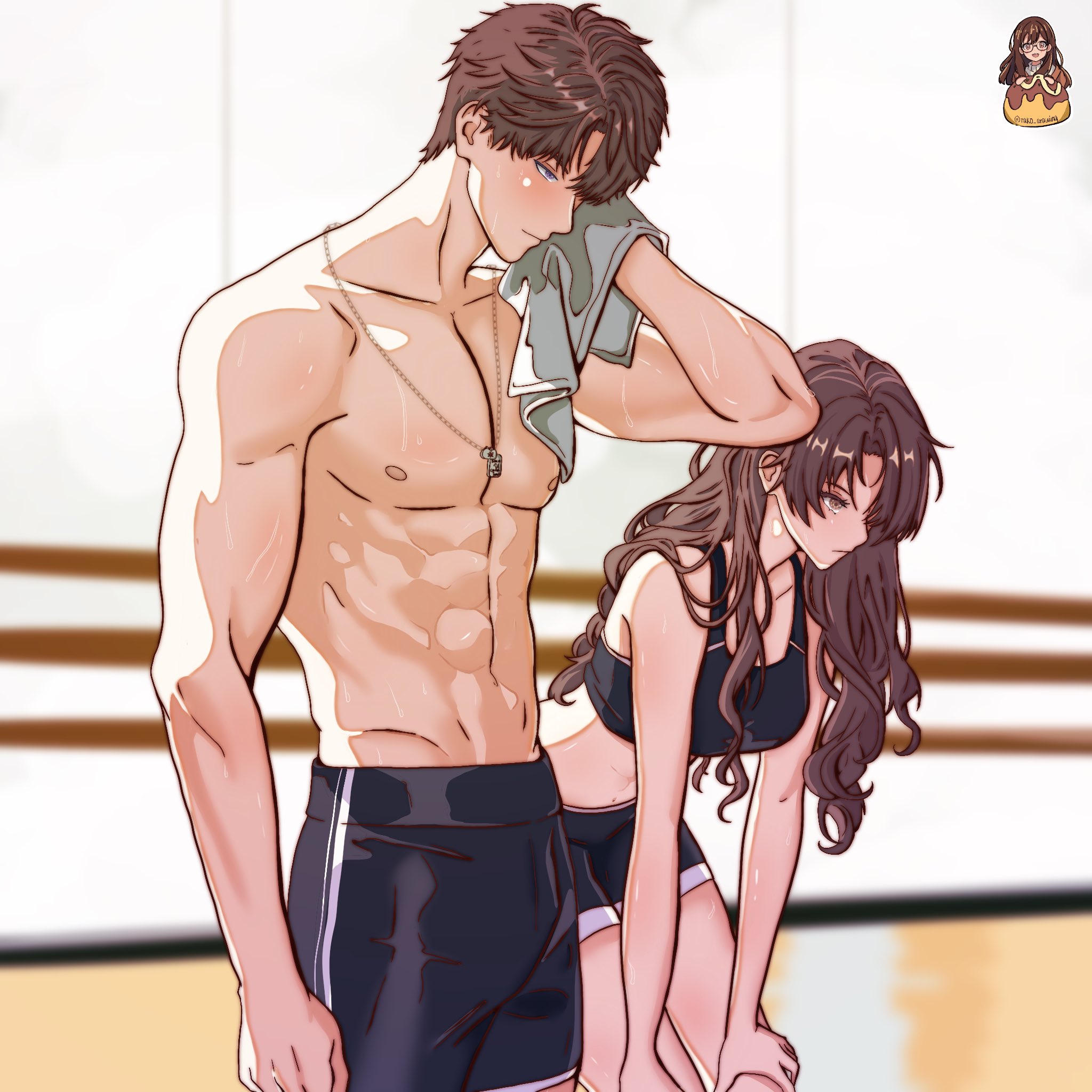 caleb (love and deepspace), protagonist (love and deepspace), love and deepspace, highres, 1boy, 1girl, bare arms, black shirt, black shorts, breasts, brown eyes, brown hair, cowboy shot, crop top, dog tags, drying, hair between eyes, leaning forward, long hair, medium breasts, midriff, muscular, muscular male, parted bangs, shirt, short hair, shorts, sweat, tako drawing, topless male, workout clothes