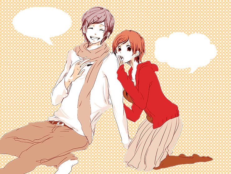 tomo (sjim), kaito (vocaloid), meiko (vocaloid), tomo, vocaloid, bad id, bad pixiv id, 1boy, 1girl, blank speech bubble, blue hair, brown eyes, brown hair, kneeling, pantyhose, scarf, short hair, sitting, smile, speech bubble, thought bubble