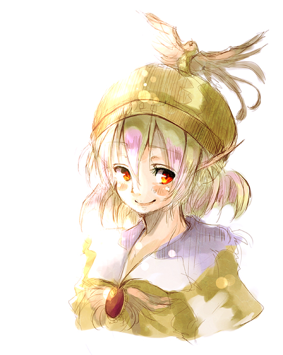 yae (mono110), mystia lorelei, touhou, bad id, bad pixiv id, 1girl, animal ears, female focus, hat, red eyes, short hair, simple background, smile, solo, white background