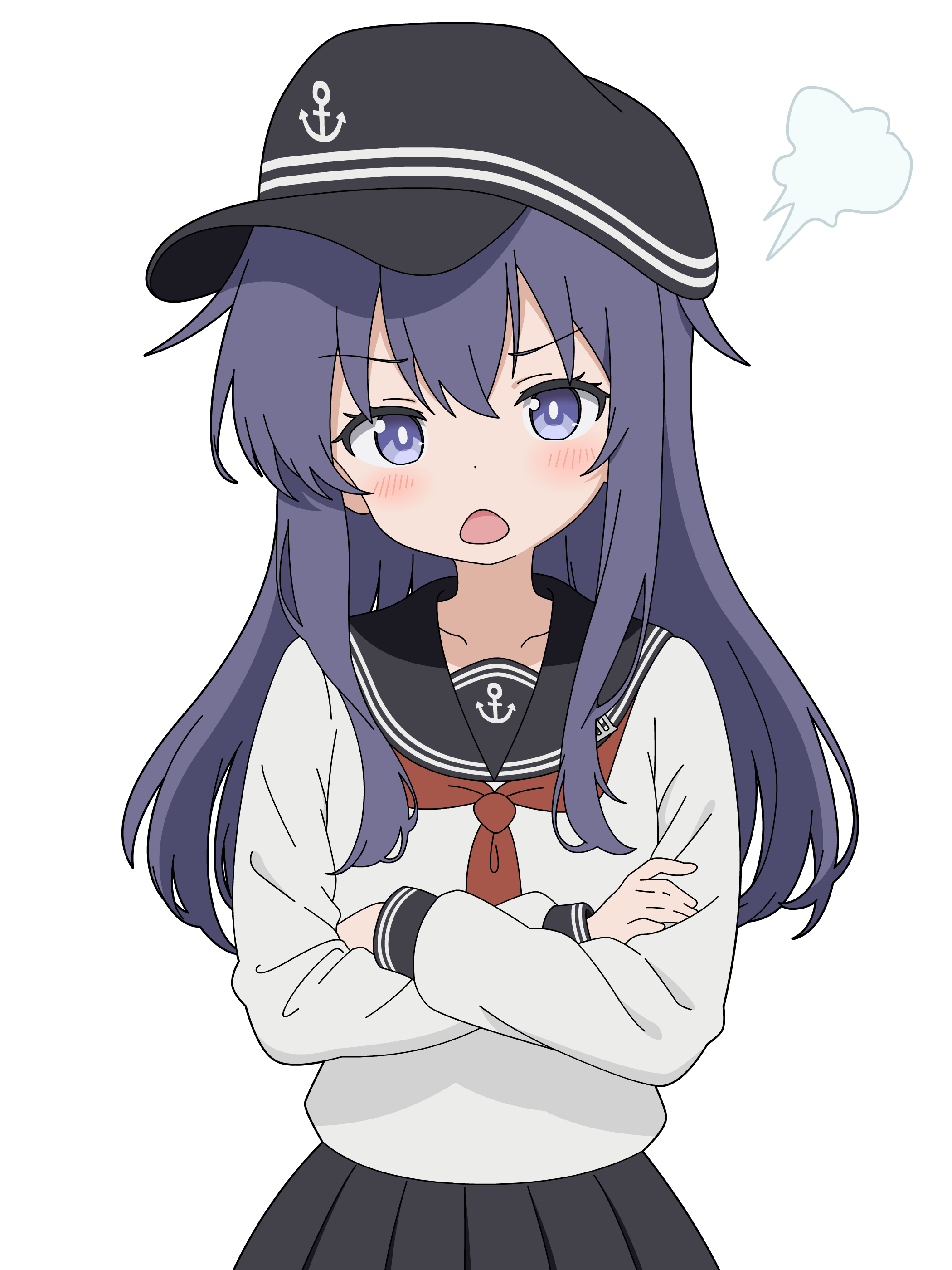 sugapi, akatsuki (kancolle), kantai collection, absurdres, highres, 1girl, anchor symbol, angry, black sailor collar, blush, crossed arms, flat cap, frown, hat, long hair, long sleeves, neckerchief, open mouth, pleated skirt, purple eyes, purple hair, red neckerchief, sailor collar, school uniform, serafuku, simple background, skirt, white background