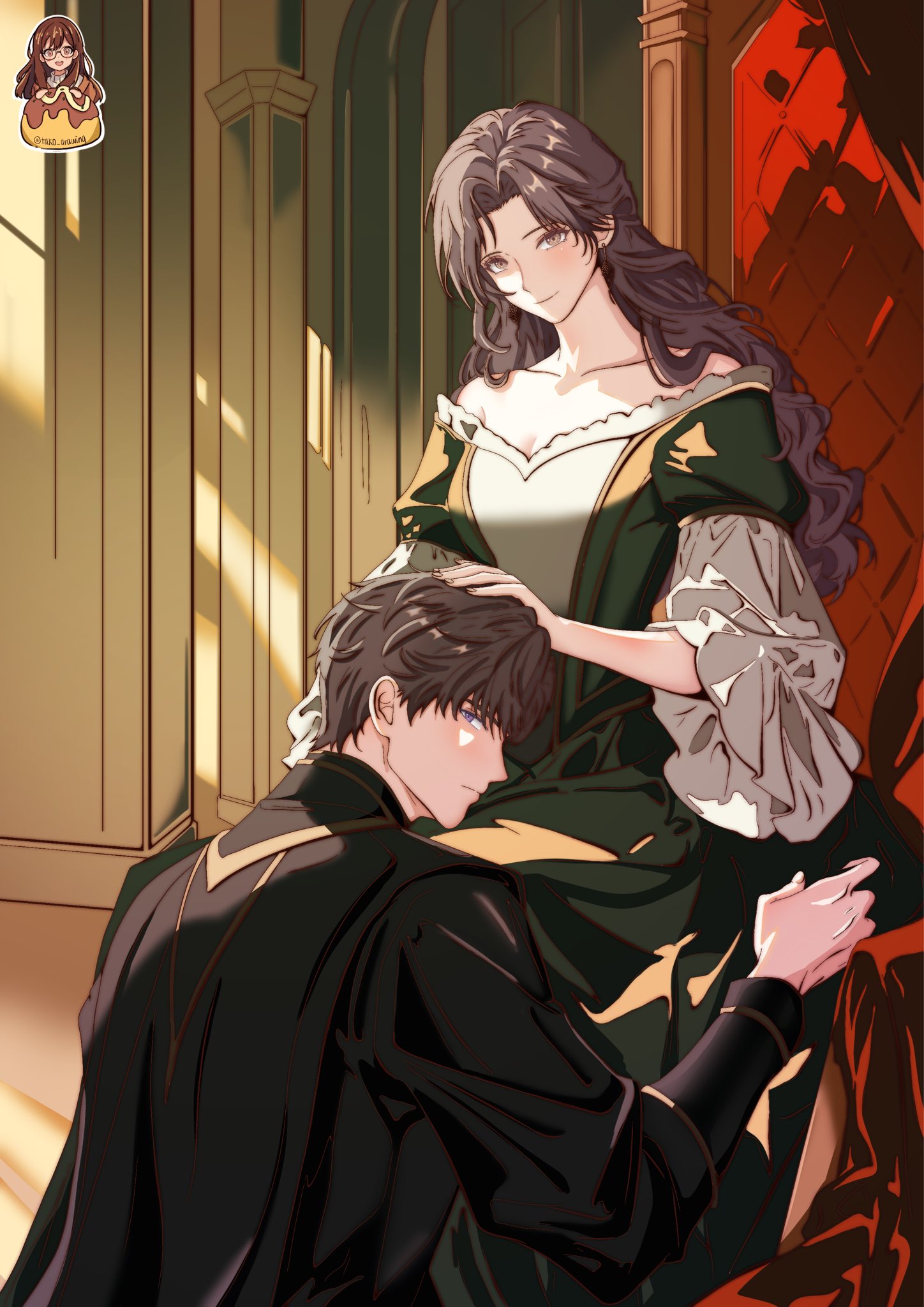 caleb (love and deepspace), protagonist (love and deepspace), love and deepspace, highres, 1boy, 1girl, black coat, breasts, brown hair, cleavage, coat, dress, frilled sleeves, frills, hand on another's head, lap pillow, light smile, long dress, long hair, medium breasts, off-shoulder dress, off shoulder, parted bangs, short hair, sitting, tako drawing, throne, wavy hair