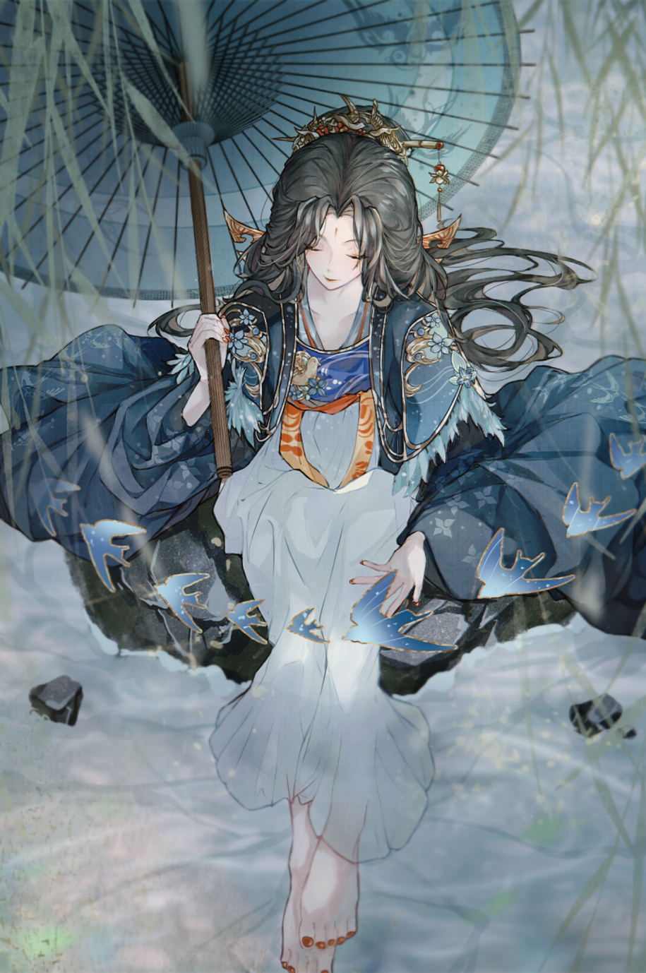 luludeer386, hua yi shanxin zhiyue, chinese commentary, highres, 1girl, barefoot, bird, black hair, blue coat, blue hanfu, blue umbrella, chinese clothes, closed eyes, closed mouth, coat, collarbone, curtained hair, facial mark, forehead mark, from above, full body, hair bun, hair ornament, hair stick, hanfu, holding, holding umbrella, knees up, long hair, nail polish, oil-paper umbrella, open clothes, open coat, open hand, orange sash, qixiong ruqun, red lips, red nails, robe, rock, sash, sidelocks tied back, sitting, smile, solo, swallow (bird), toenail polish, toenails, umbrella, waist sash, wei yang, white robe, wide sleeves, willow