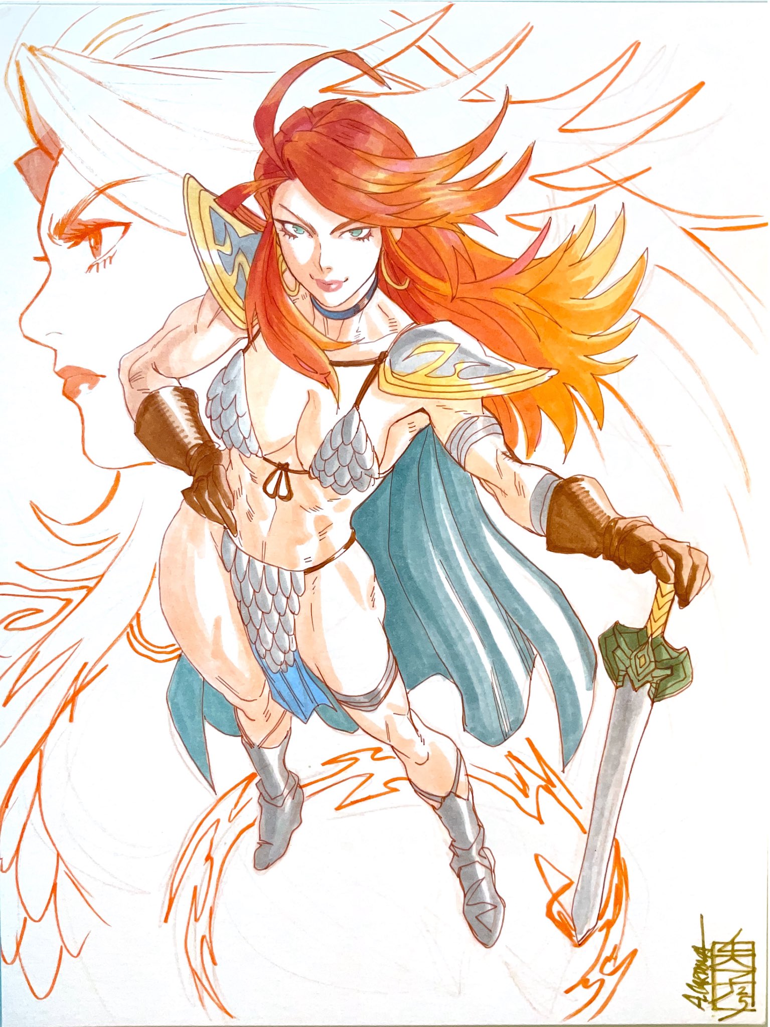 acecore2k, red sonja, red sonja (comics), commentary, english commentary, highres, marker (medium), pen (medium), traditional media, 1girl, aqua cape, aqua eyes, armor, bikini armor, black choker, boots, breasts, brown gloves, cape, choker, cleavage, earrings, from above, gloves, gold earrings, gradient hair, hand on own hip, hoop earrings, jewelry, large breasts, long hair, looking at viewer, looking up, midriff, multicolored hair, orange hair, pauldrons, pink lips, pinup (style), planted, planted sword, planted weapon, profile, red hair, scale armor, shoulder armor, sword, thighlet, toned, toned female, weapon, white background