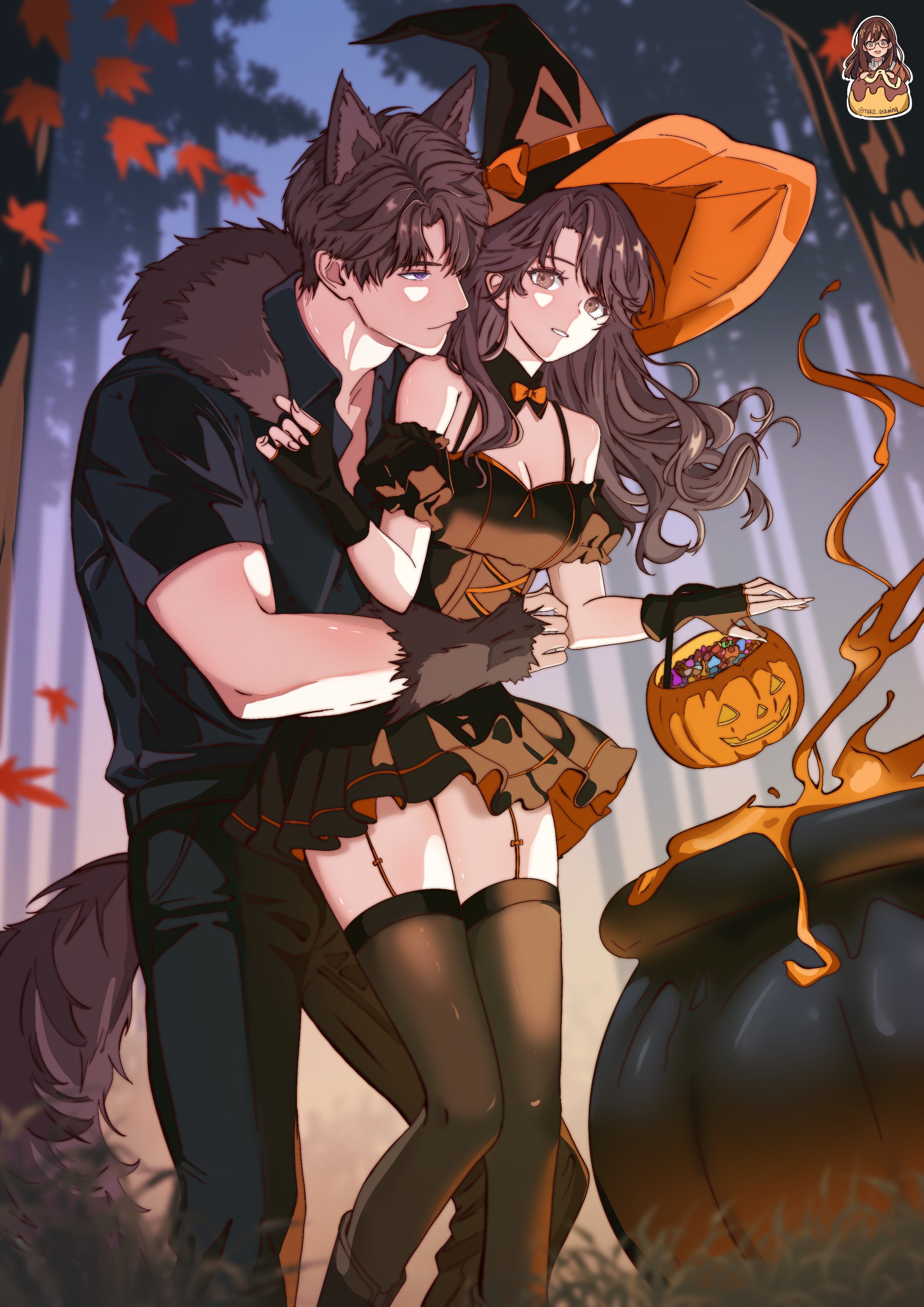 caleb (love and deepspace), love and deepspace, absurdres, highres, 1boy, 1girl, animal ears, bare shoulders, black boots, black dress, black gloves, black pantyhose, black shirt, black thighhighs, boots, bow, bowtie, breasts, brown eyes, brown hair, cauldron, cleavage, collared shirt, couple, detached collar, detached sleeves, dress, falling leaves, feet out of frame, fingerless gloves, forest, garter straps, gloves, hair between eyes, halloween bucket, halloween costume, hat, hetero, hug, hug from behind, jack-o'-lantern, leaf, long hair, medium breasts, nature, orange bow, orange bowtie, pantyhose, parted bangs, parted lips, puffy short sleeves, puffy sleeves, shirt, short hair, short sleeves, swept bangs, tail, tako drawing, thighhighs, werewolf, witch, witch hat, wolf ears, wolf tail
