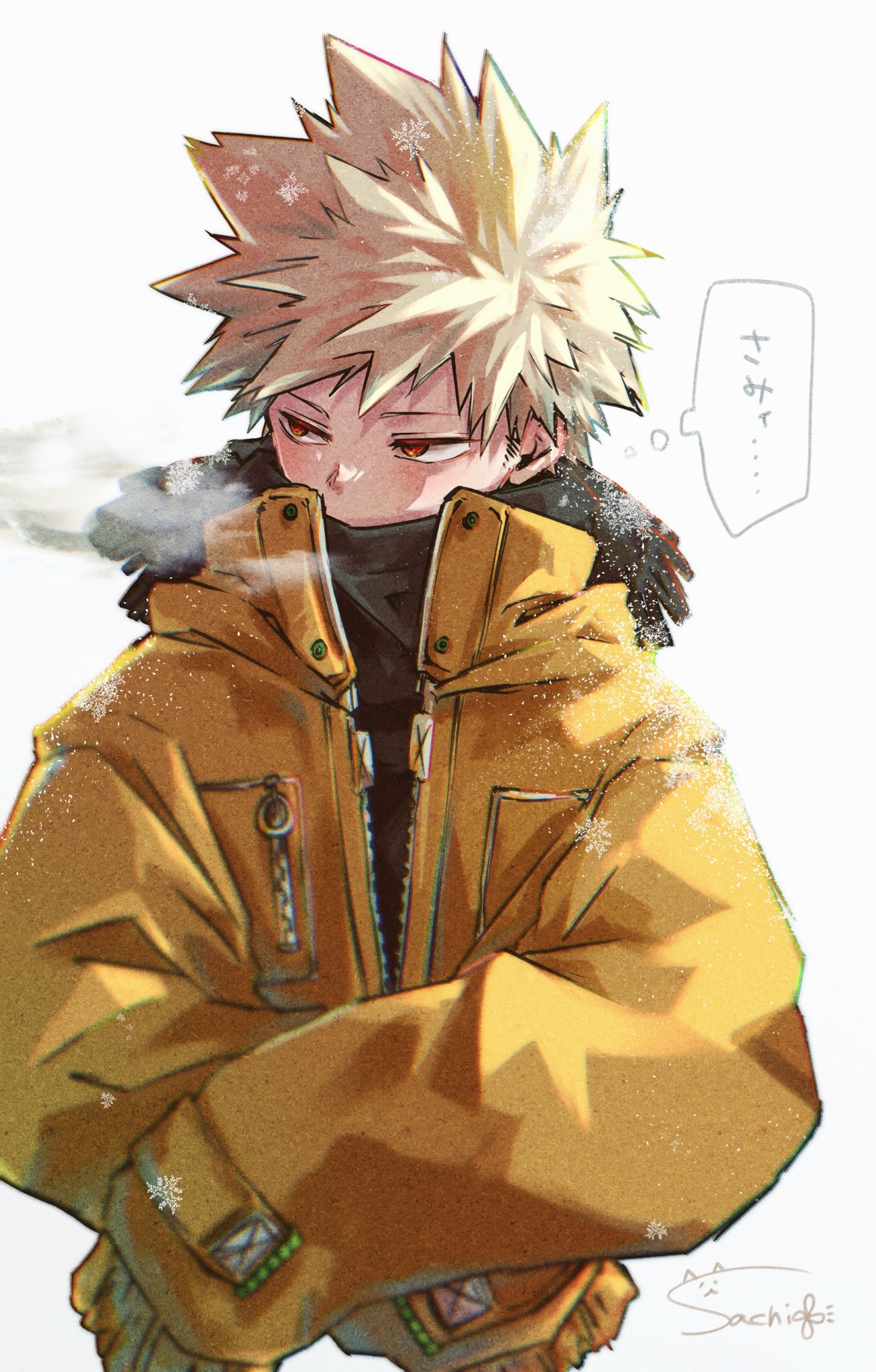 sachi7723, bakugou katsuki, boku no hero academia, commentary request, highres, translation request, 1boy, alternate costume, blonde hair, breath, jacket, long sleeves, looking to the side, male focus, orange jacket, red eyes, scarf, short hair, signature, sleeves past wrists, solo, speech bubble, spiked hair, thought bubble, unzipped, white background, winter clothes
