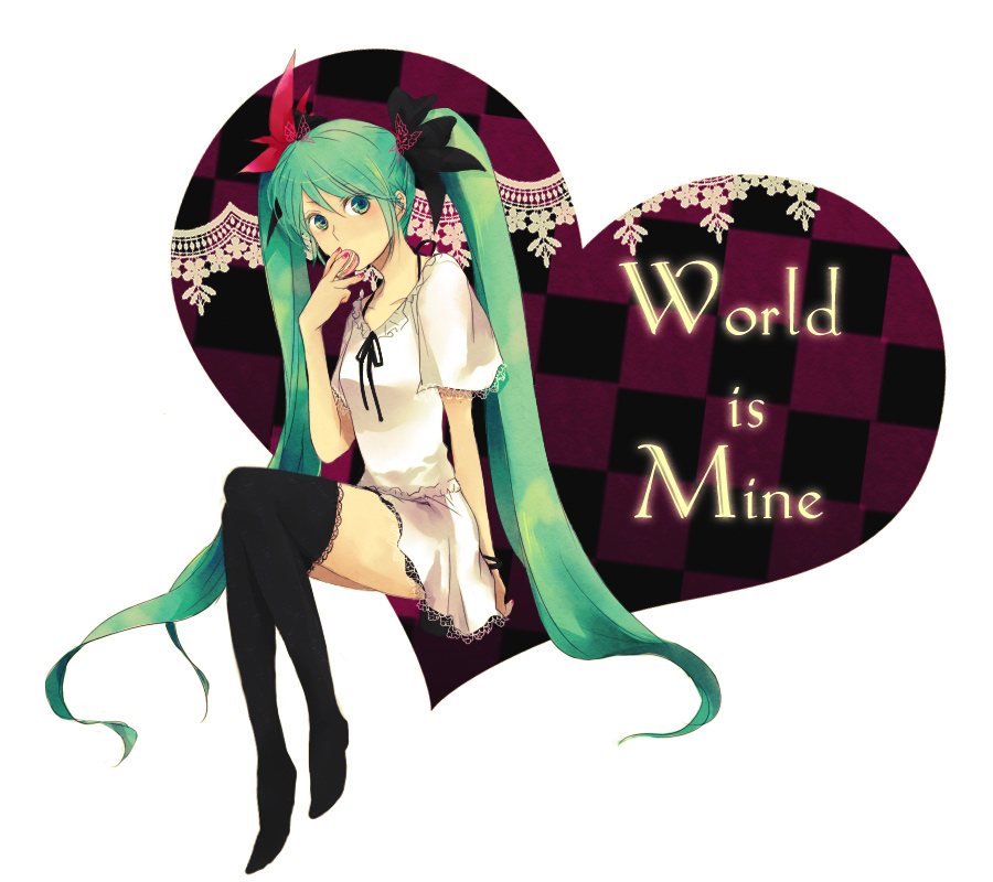 ritsu (artist), hatsune miku, vocaloid, world is mine (vocaloid), bad id, bad pixiv id, 1girl, blush, female focus, food, full body, green eyes, green hair, hair ribbon, long hair, macaron, macaroon, matching hair/eyes, pastry, ribbon, sitting, skirt, solo, thighhighs, twintails, very long hair, zettai ryouiki