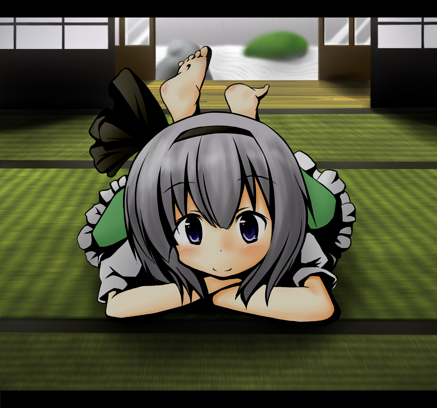 tobi (artist), tobi (nekomata homara), konpaku youmu, touhou, silver hair, bad id, bad pixiv id, highres, 1girl, barefoot, blue eyes, female focus, letterboxed, looking at viewer, lying, on floor, on stomach, short hair, smile, solo, tatami