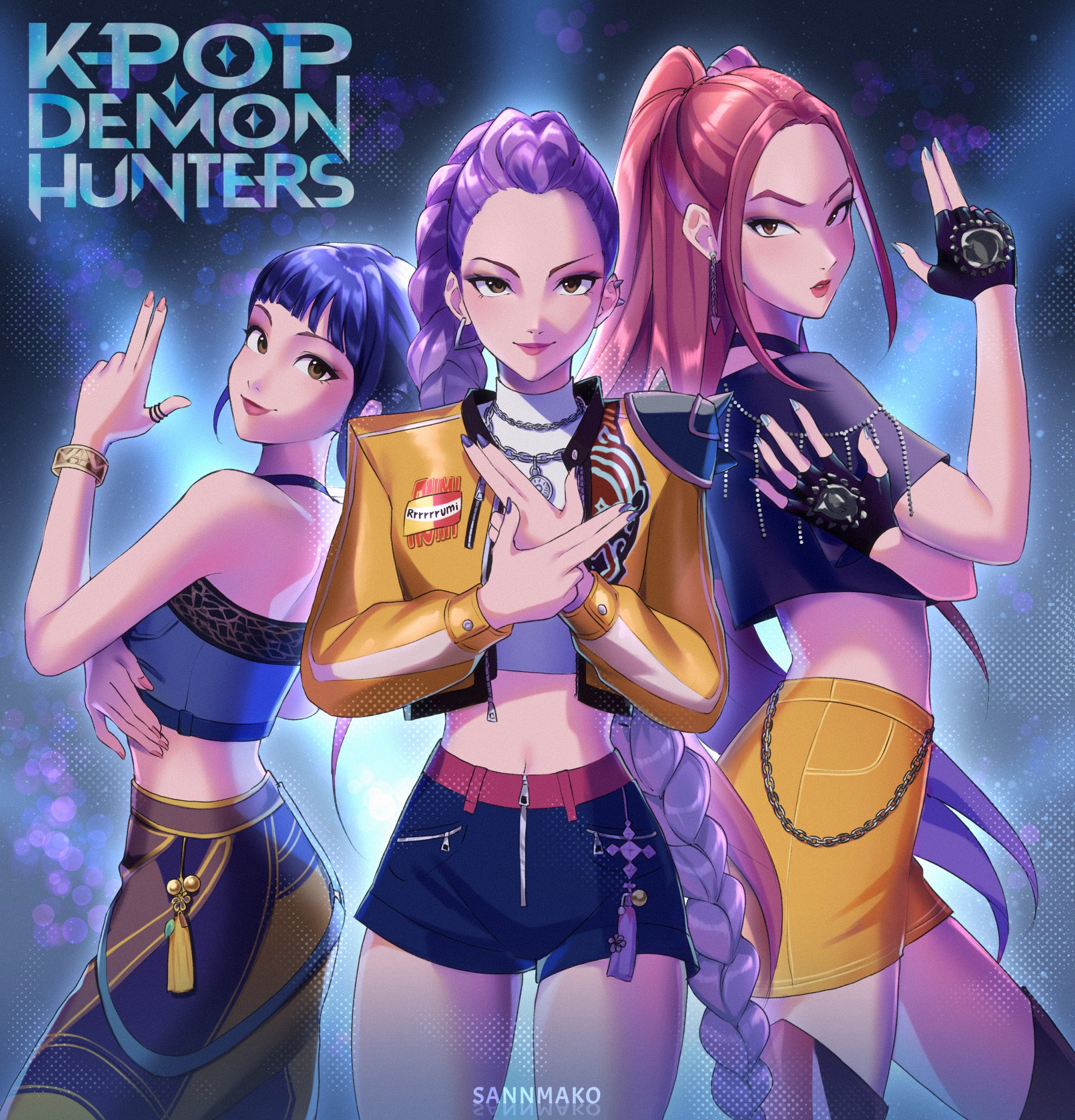 sannmako, mira (kpop demon hunters), rumi (kpop demon hunters), zoey (kpop demon hunters), kpop demon hunters, highres, 3girls, black gloves, black hair, black shirt, black shorts, braid, brown eyes, closed mouth, crop top, fingerless gloves, gloves, huntrix, jacket, long hair, midriff, multiple girls, pants, purple hair, red hair, shirt, shorts, tassel, yellow jacket, yellow pants