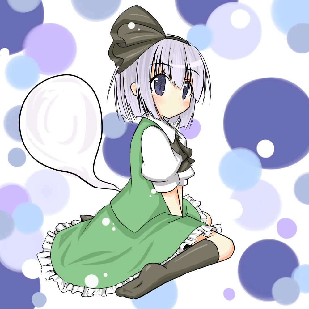 tobi (artist), tobi (nekomata homara), konpaku youmu, konpaku youmu (ghost), touhou, bad id, bad pixiv id, 1girl, black bow, black bowtie, black socks, blue eyes, blunt bangs, blush, bow, bowtie, female focus, floating, ghost, hitodama, kneehighs, looking at viewer, puffy short sleeves, puffy sleeves, short sleeves, sitting, socks, solo, thighhighs, wariza, zettai ryouiki
