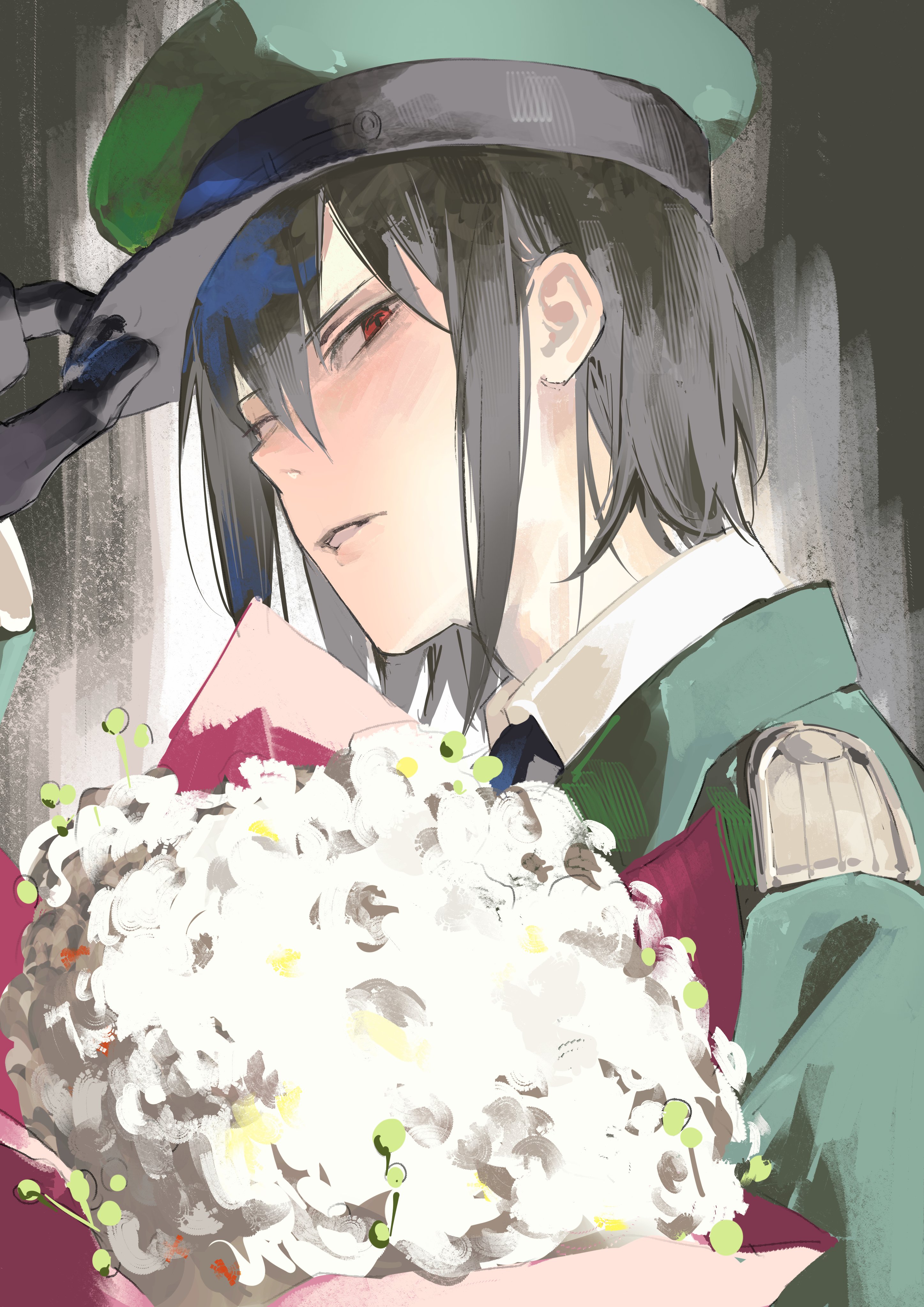 333takoyaki, yuri briar, spy x family, absurdres, highres, 1boy, adjusting clothes, adjusting headwear, black gloves, black hair, black necktie, bouquet, box, collared shirt, flower, gift, gift box, gloves, green hat, green jacket, hair between eyes, hat, holding, holding bouquet, jacket, looking at viewer, male focus, military hat, military jacket, military uniform, necktie, parted lips, red eyes, shirt, short hair, solo, upper body, white flower, white shirt