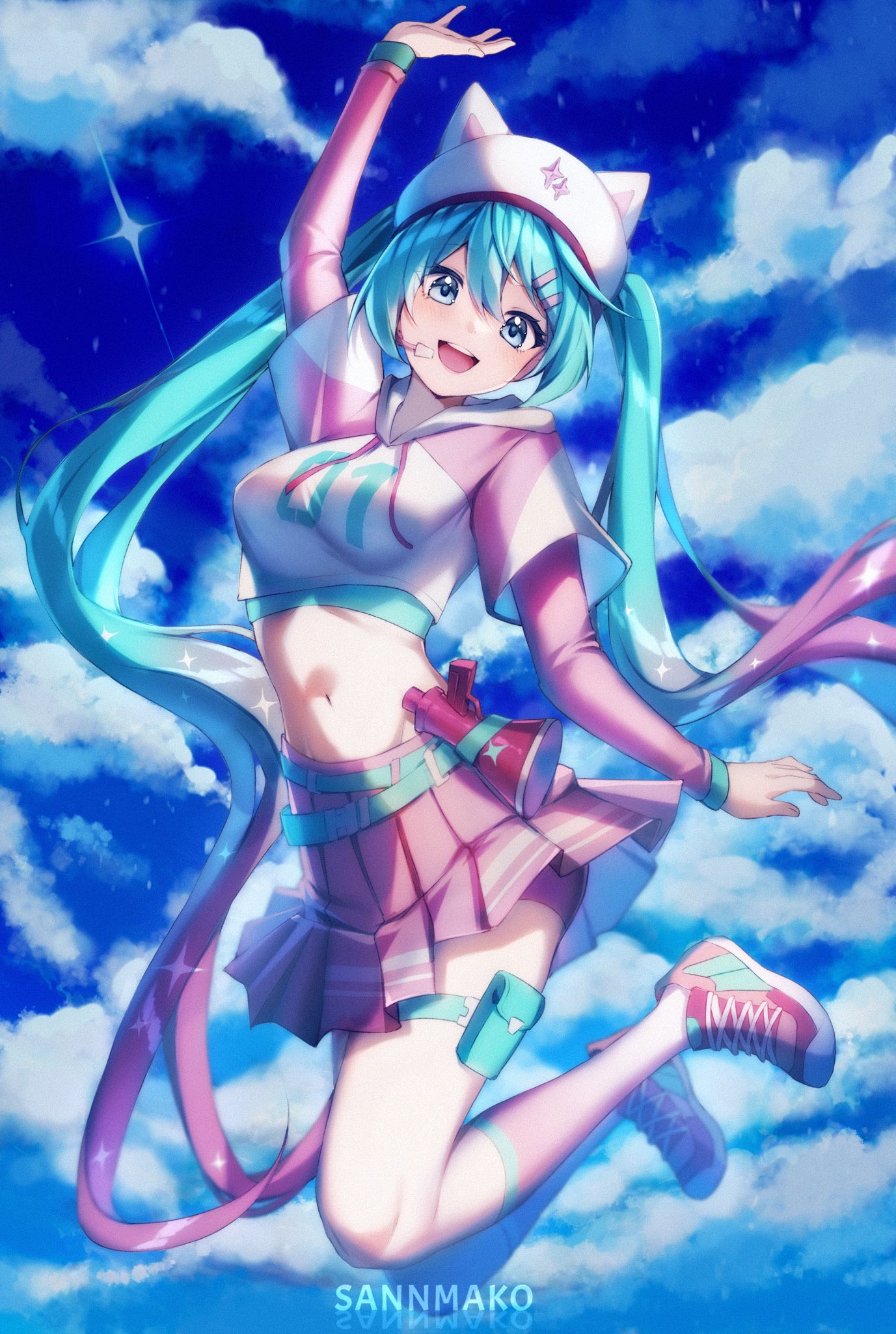 sannmako, hatsune miku, neko hatsune miku, fortnite, vocaloid, highres, 1girl, animal hat, aqua eyes, aqua hair, belt, breasts, cat hat, crop top, gradient hair, hat, hood, hoodie, long hair, midriff, multicolored hair, multicolored hoodie, navel, open mouth, pink hair, pink shoes, pink skirt, shoes, skirt, sneakers, solo, stomach, twintails, upper body, very long hair, white hat, white hoodie