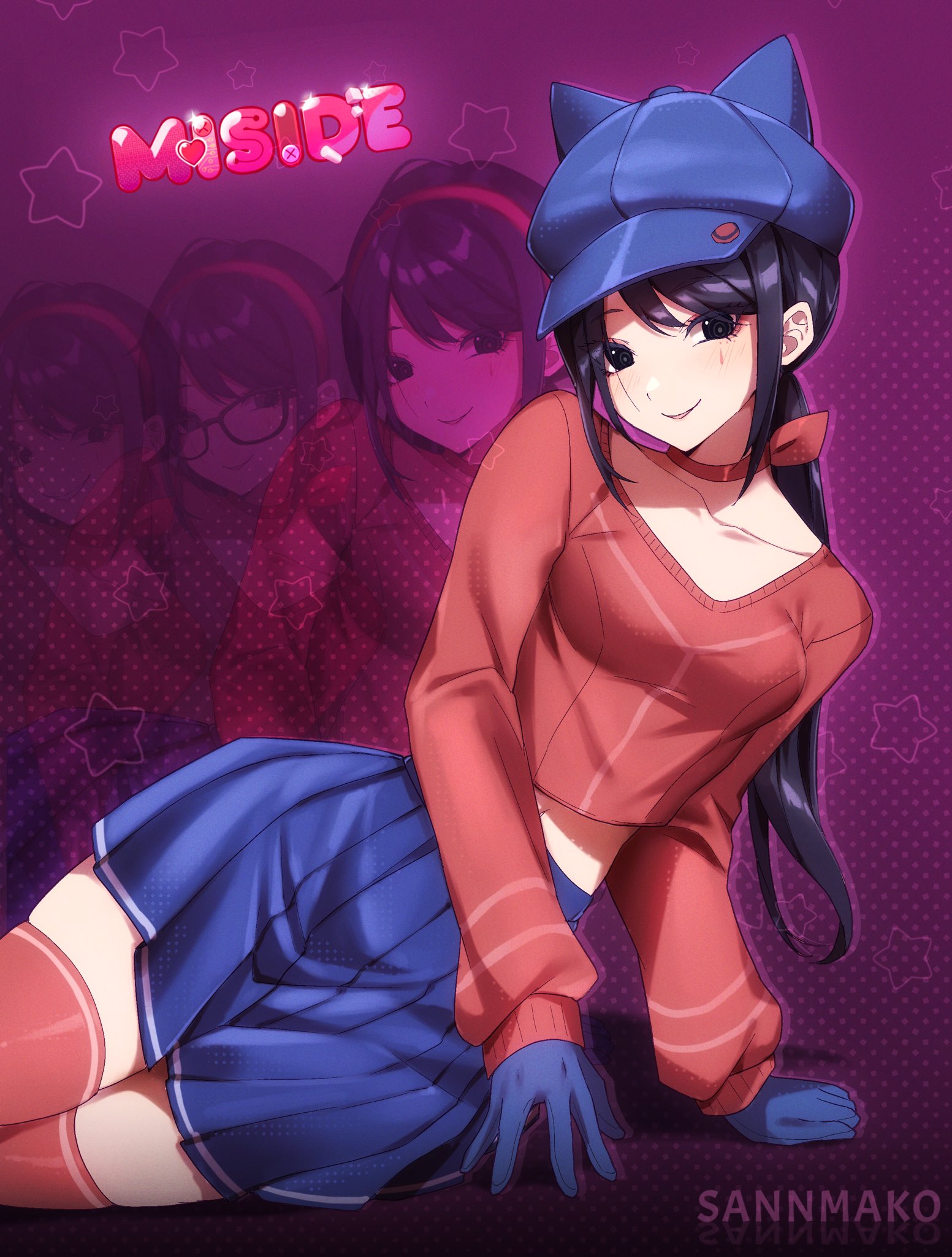 sannmako, cool mita (miside), crazy mita (miside), kind mita (miside), mita (miside), miside, highres, 1girl, black eyes, black hair, blue gloves, blue skirt, choker, gloves, long hair, long sleeves, midriff, red choker, red sweater, red thighhighs, skirt, solo, sweater, thighhighs