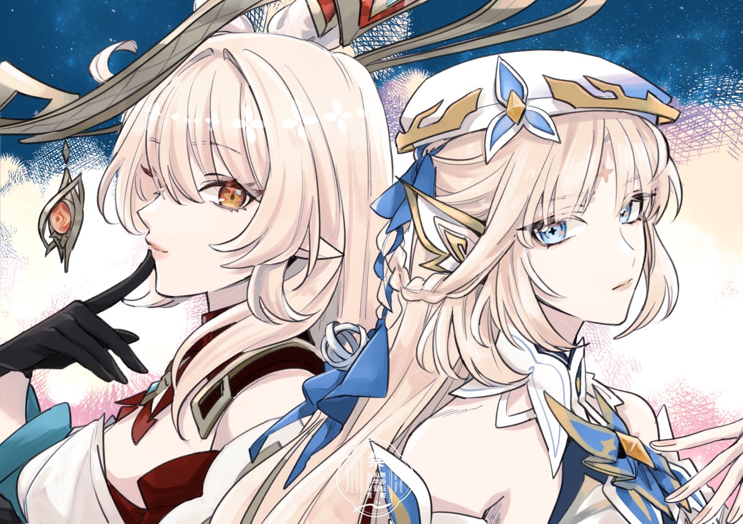 nendo (n), alice (genshin impact), nicole reeyn, genshin impact, 2girls, bare shoulders, black gloves, blonde hair, blue eyes, braid, breasts, closed mouth, cowlick, expressionless, facial mark, forehead mark, gloves, hand on another's chin, hat, long hair, multiple girls, pointy ears, pyro symbol (genshin impact), smile, upper body, vision (genshin impact)