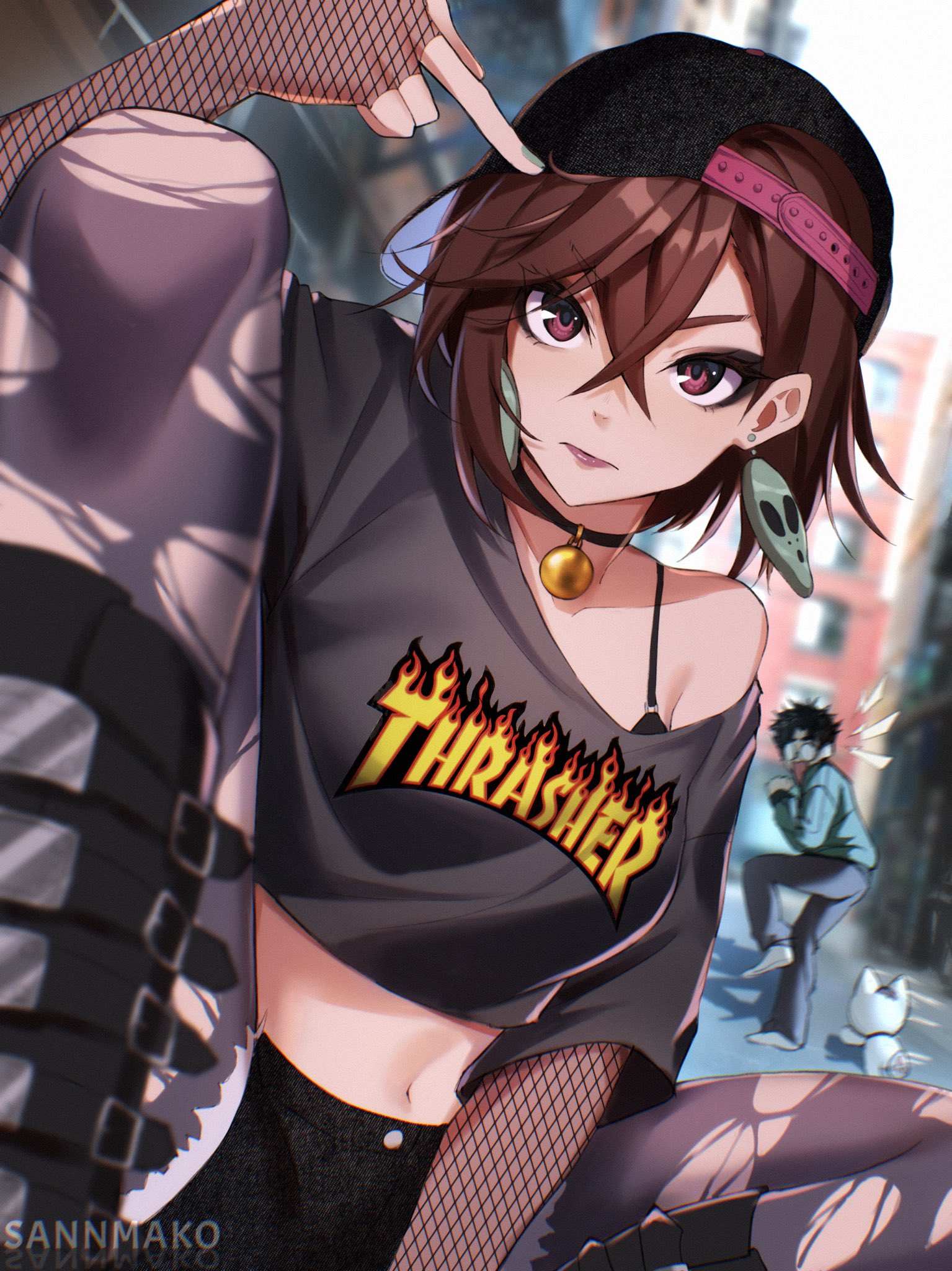 sannmako, ayase momo, takakura ken (dandadan), dandadan, highres, 1boy, 1girl, bell, black bra, black choker, black hair, black shirt, black shorts, black thighhighs, bra, brown hair, choker, crop top, earrings, fingerless gloves, fishnet gloves, fishnet sleeves, fishnets, gloves, jewelry, midriff, navel, neck bell, shirt, short hair, shorts, thighhighs, torn clothes, torn thighhighs, underwear