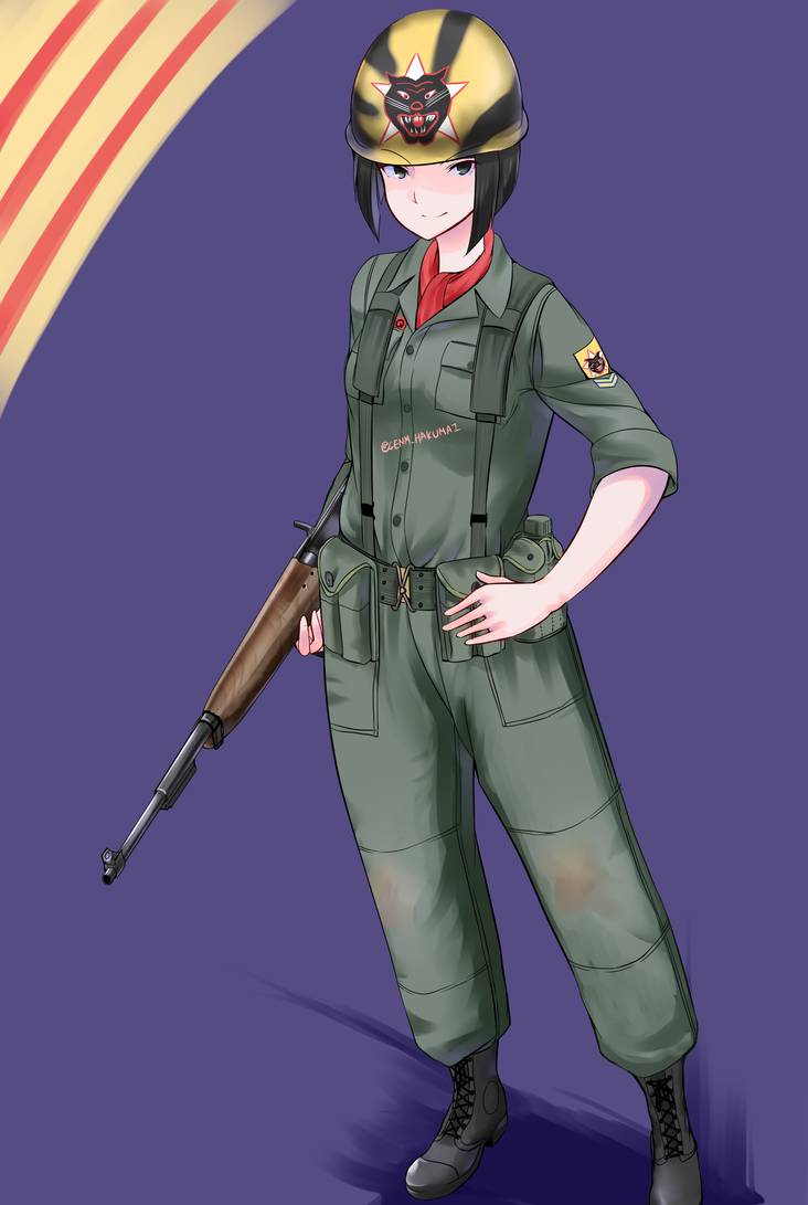 nguyen tam lee, original, bad id, bad pixiv id, 1girl, army, army of the republic of vietnam, battle rifle, black eyes, black hair, bob cut, boots, closed mouth, full body, gun, helmet, holding, holding gun, holding weapon, m14, military, military uniform, rifle, short hair, soldier, solo, weapon