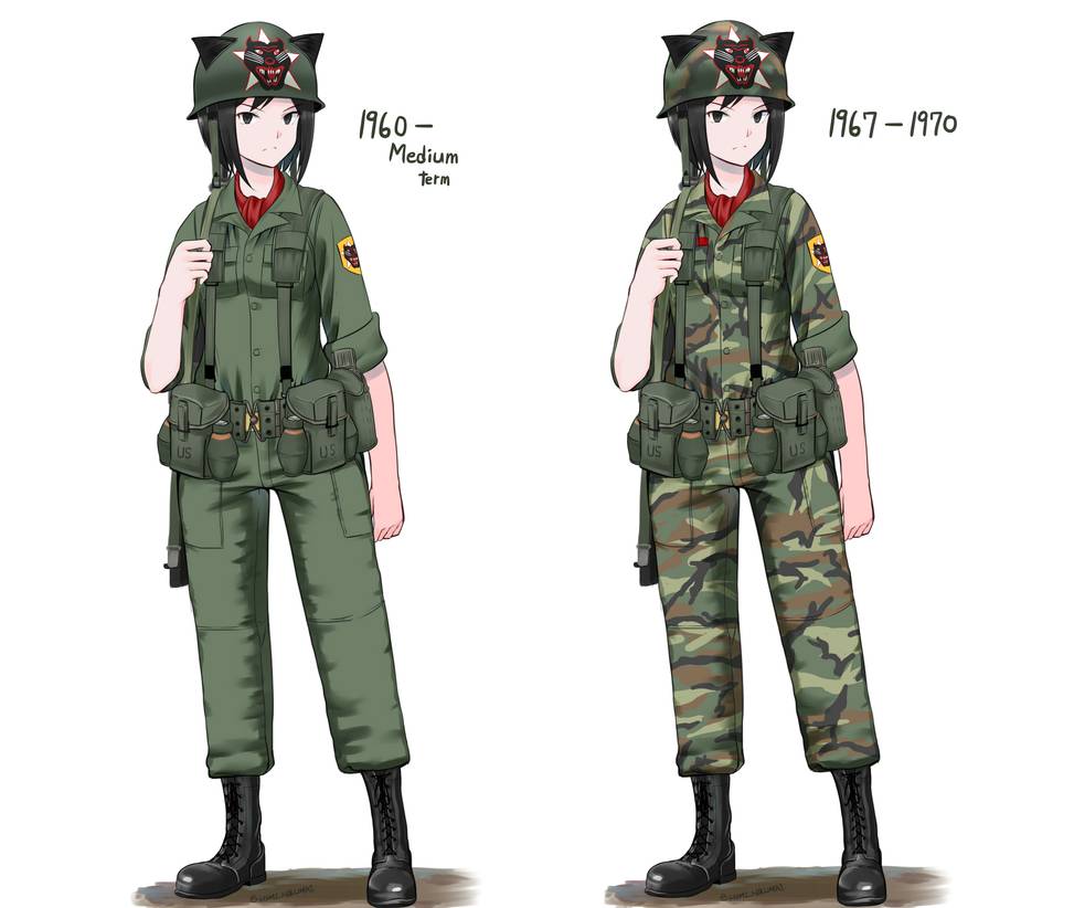 nguyen tam lee, original, bad id, bad pixiv id, 1girl, army, army of the republic of vietnam, black eyes, black hair, bob cut, camouflage, camouflage headwear, camouflage jacket, camouflage pants, closed mouth, full body, gun, helmet, holding, holding gun, holding weapon, jacket, military, military uniform, multiple views, pants, short hair, simple background, soldier, weapon, white background, woodland camouflage