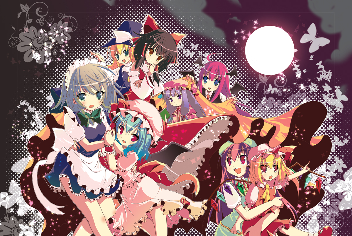 shiwasu horio, flandre scarlet, hakurei reimu, hong meiling, izayoi sakuya, kirisame marisa, koakuma, patchouli knowledge, remilia scarlet, embodiment of scarlet devil, touhou, silver hair, 6+girls, bat wings, black hair, blonde hair, blue eyes, blue hair, book, bow, braid, china dress, chinese clothes, detached sleeves, dress, female focus, halftone, halftone background, hat, head wings, japanese clothes, long hair, maid, miko, multiple girls, ponytail, purple eyes, purple hair, red eyes, red hair, short hair, side ponytail, twin braids, wings, witch, witch hat, yellow eyes