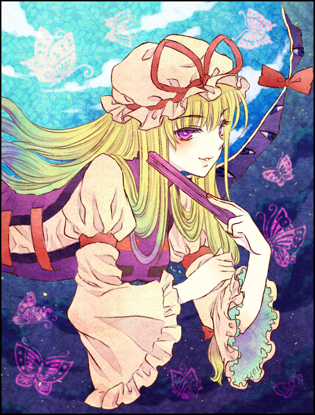 mochiya marosuke, yakumo yukari, touhou, 1girl, blonde hair, female focus, folded fan, folding fan, gap (touhou), hand fan, hat, long hair, purple eyes, solo