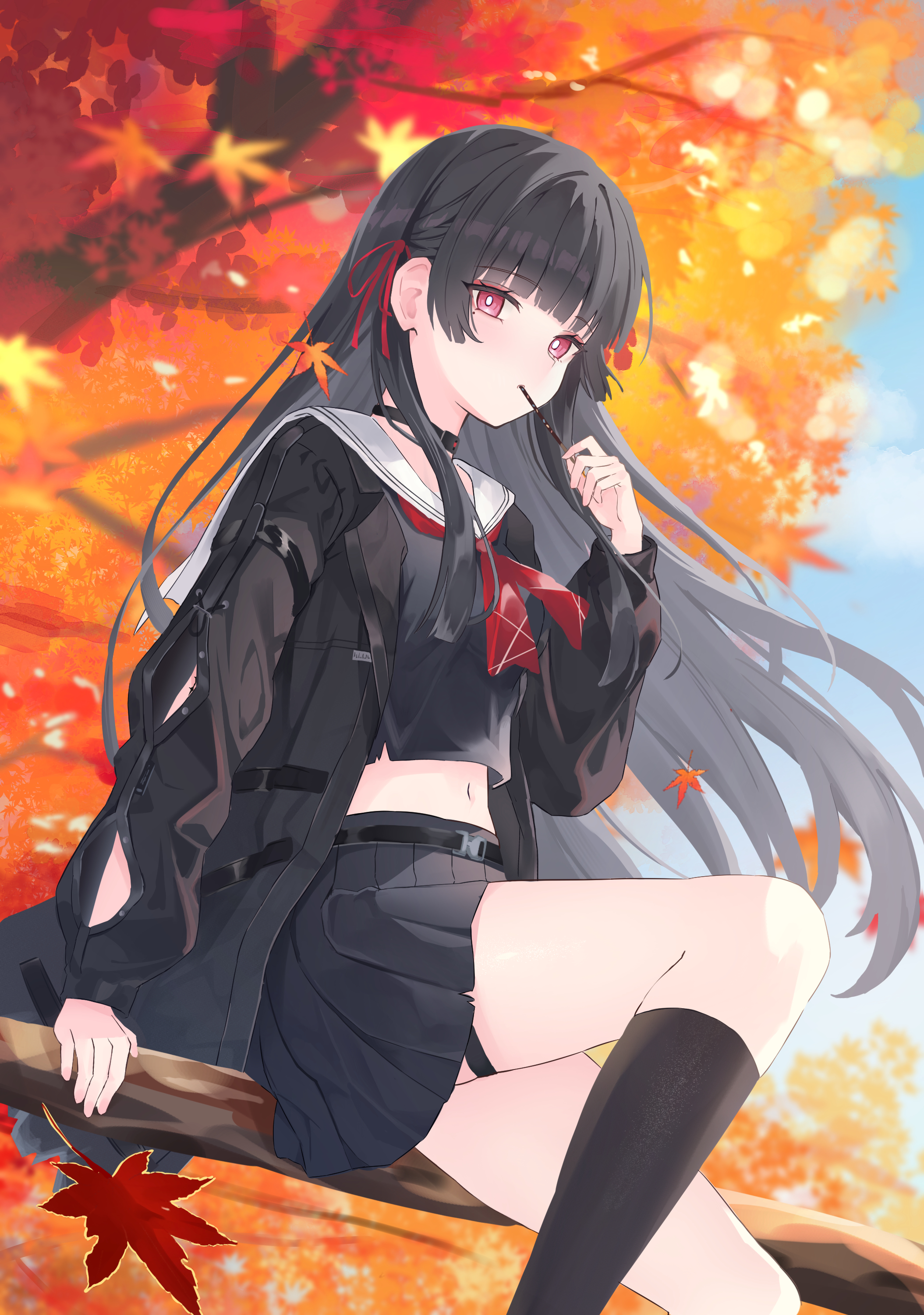 melvis, chisa (wuthering waves), wuthering waves, absurdres, commentary, highres, 1girl, arm cutout, black choker, black hair, black jacket, black serafuku, black shirt, black skirt, blue sky, blurry, blurry background, choker, clothing cutout, day, food, food in mouth, hair ribbon, jacket, leaf, long hair, long sleeves, looking at viewer, midriff, mole, mole under eye, navel, neckerchief, on branch, outdoors, pocky, pocky in mouth, red eyes, red neckerchief, red ribbon, ribbon, sailor collar, school uniform, serafuku, shirt, sitting, skirt, sky, solo, thigh strap, thighs, white sailor collar