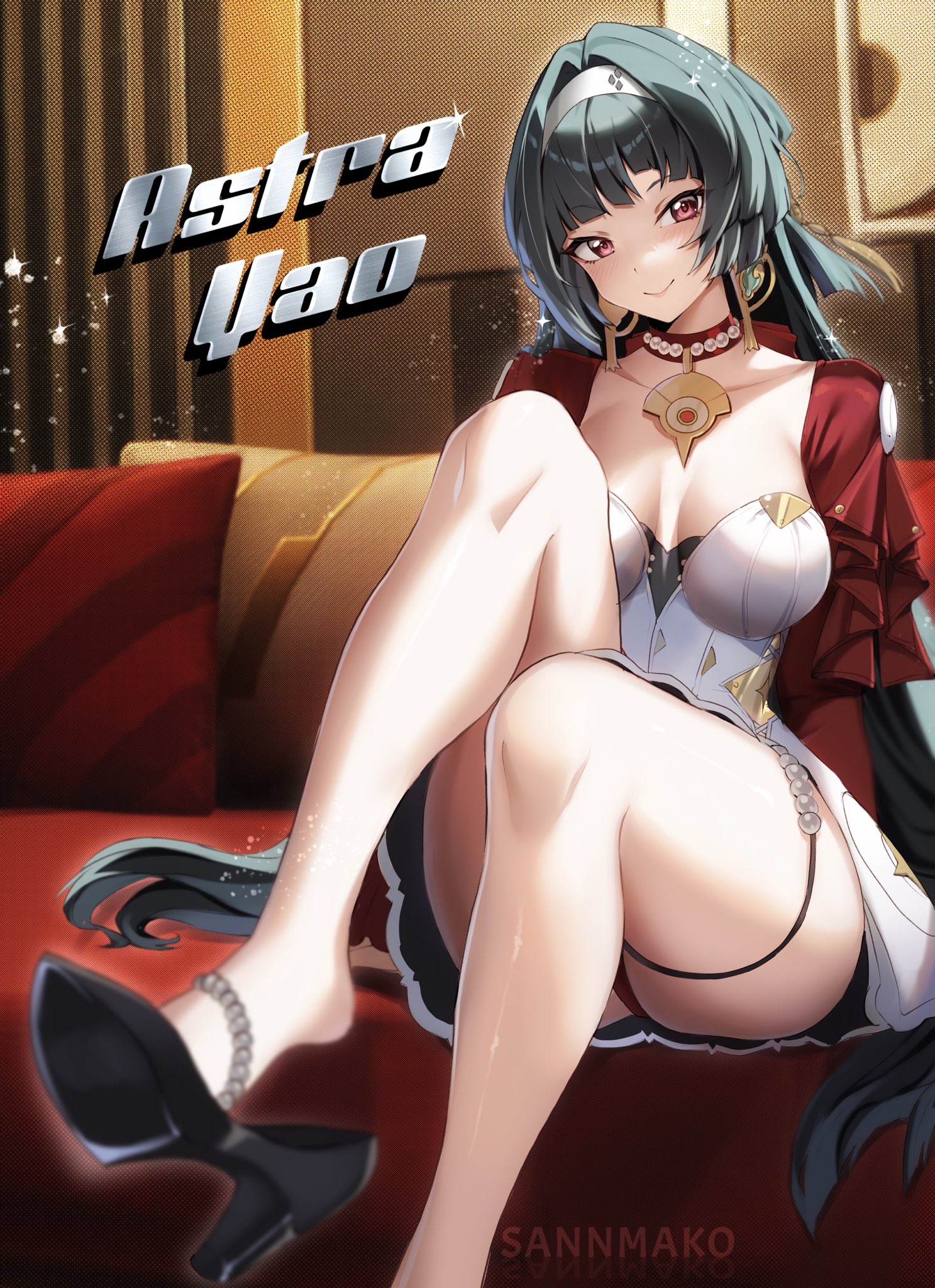 sannmako, astra yao, zenless zone zero, highres, 1girl, beads, black hair, black shoes, breasts, choker, closed mouth, earrings, hairband, high heels, jacket, jewelry, long hair, long sleeves, medium breasts, panties, red choker, red eyes, red jacket, red panties, shirt, shoes, smile, solo, underwear, very long hair, white hairband, white shirt