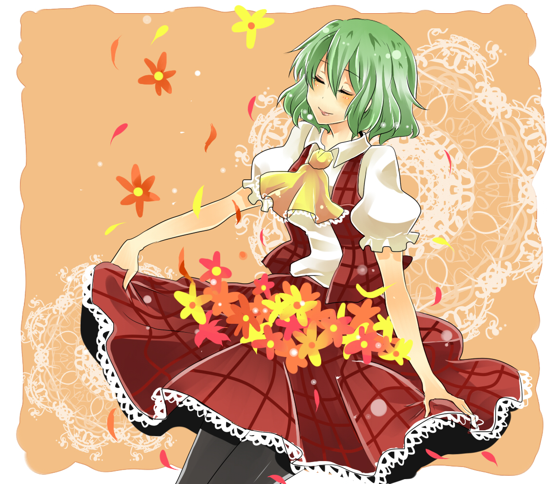 motimoti, kazami yuuka, touhou, bad id, bad pixiv id, 1girl, ascot, closed eyes, female focus, flower, green hair, pantyhose, petals, plaid clothes, plaid skirt, plaid vest, short hair, skirt, skirt basket, skirt set, smile, solo, vest