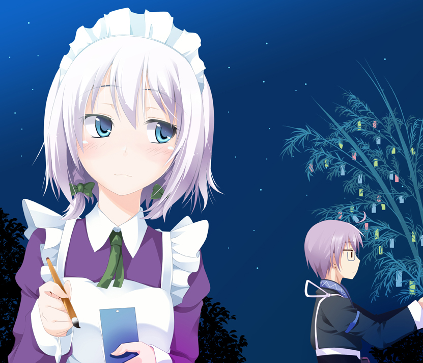 ogami kazuki, izayoi sakuya, morichika rinnosuke, touhou, silver hair, bad id, bad pixiv id, 1boy, 1girl, blue eyes, braid, glasses, hairband, hetero, maid, maid headdress, short hair, tanabata, tanzaku, twin braids
