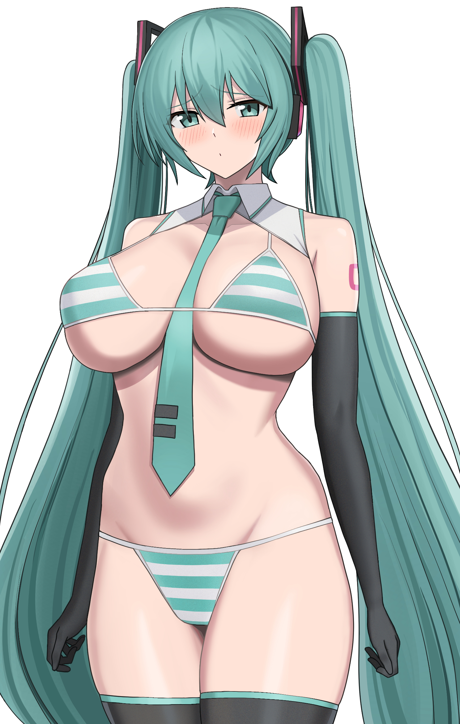 higofushi, hatsune miku, vocaloid, highres, 1girl, aqua eyes, aqua hair, aqua necktie, bare shoulders, bikini, blush, breasts, cleavage, detached sleeves, gloves, headset, large breasts, long hair, looking at viewer, necktie, solo, swimsuit, thighhighs, twintails, very long hair