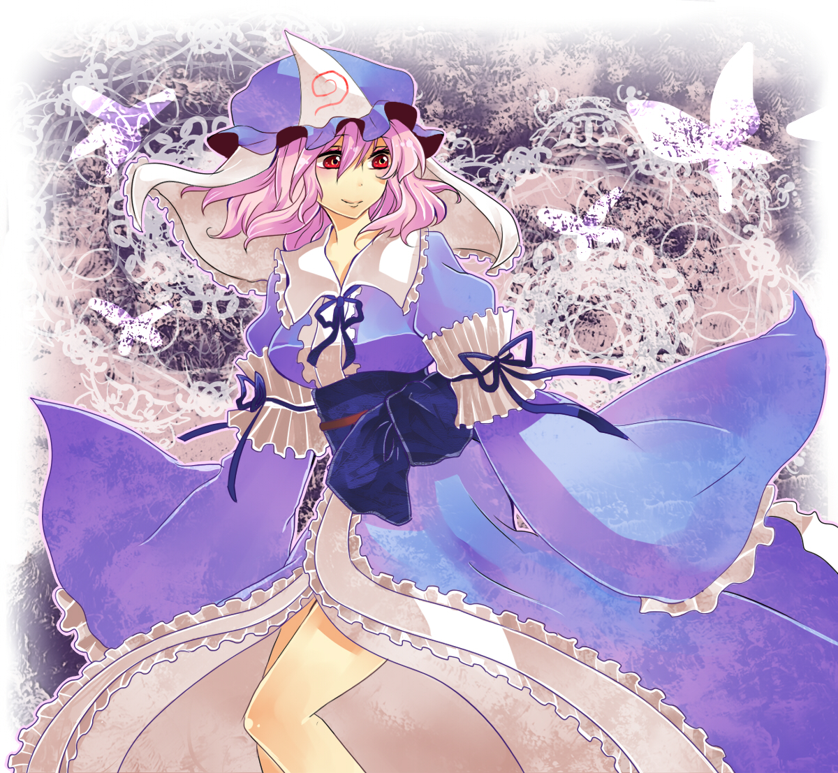 motimoti, saigyouji yuyuko, touhou, bad id, bad pixiv id, 1girl, bug, butterfly, female focus, hat, pink hair, red eyes, short hair, solo