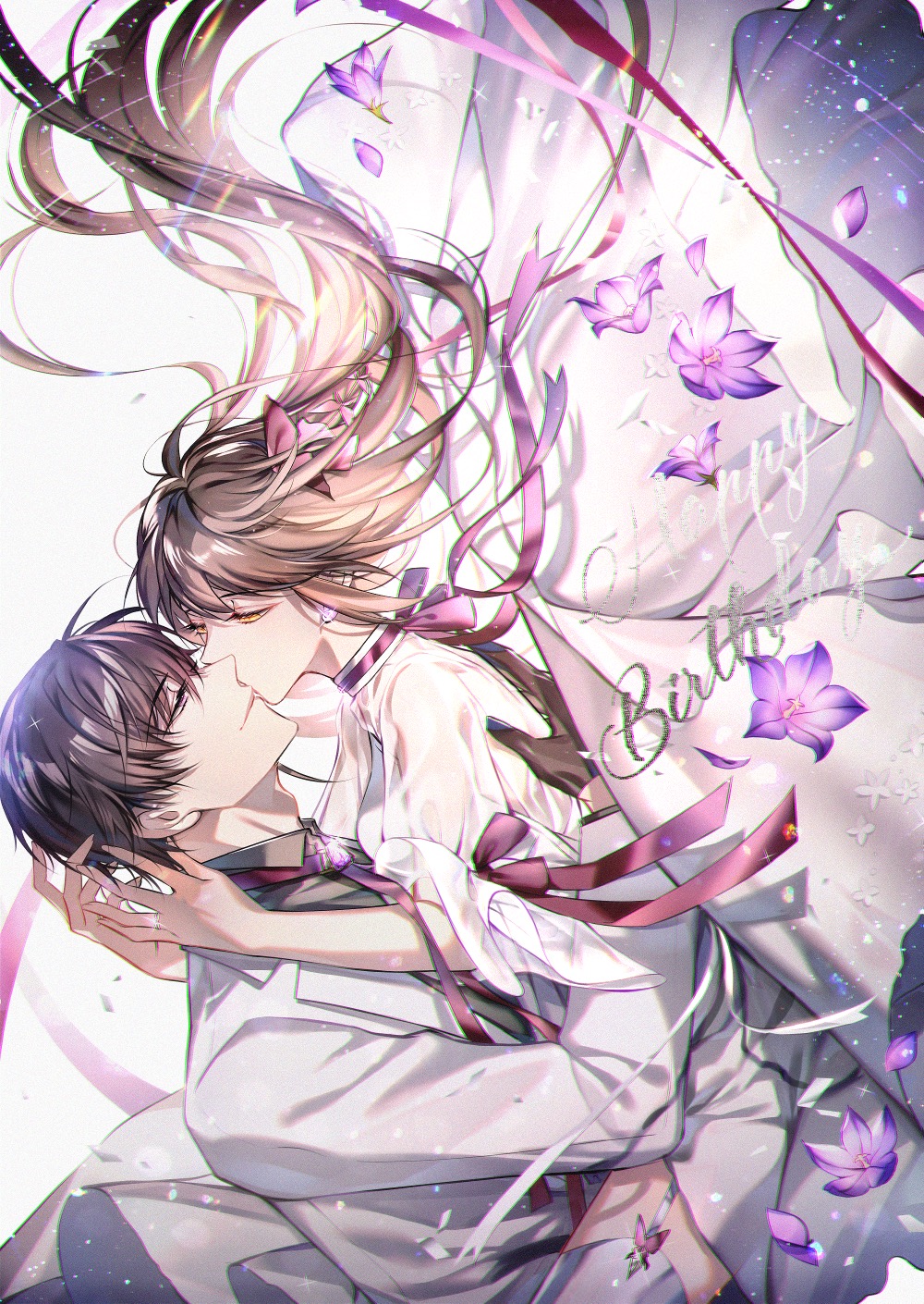 s (olath), protagonist (love and producer), xu mo, love and producer, chinese commentary, highres, 1boy, 1girl, bellflower, black hair, brooch, brown gloves, brown hair, butterfly hair ornament, chinese bellflower, couple, cowboy shot, dress, earrings, eye contact, falling flower, falling petals, floating hair, flower, from side, garter straps, gem, gloves, grey shirt, hair between eyes, hair ornament, half-closed eyes, happy birthday, hetero, hug, jacket, jewelry, kiss, kissing cheek, lapels, light particles, long hair, long sleeves, looking at another, neck ribbon, notched lapels, panties, petals, profile, puffy short sleeves, puffy sleeves, purple eyes, purple flower, purple gemstone, purple petals, purple ribbon, red ribbon, ribbon, see-through clothes, see-through sleeves, shirt, short hair, short sleeves, smile, stud earrings, suit jacket, tuxedo shirt, underwear, unworn veil, upper body, veil, white background, white dress, white jacket, white panties, white veil, yellow eyes