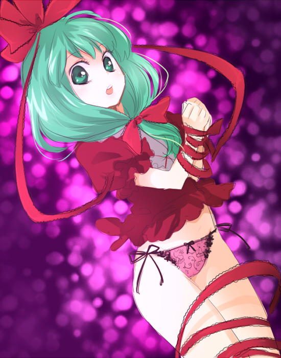 machiko (beard), kagiyama hina, touhou, 1girl, bdsm, bondage, bottomless, bound, bound arms, bow, female focus, front ponytail, green eyes, green hair, hair bow, matching hair/eyes, no pants, panties, ribbon, side-tie panties, solo, underwear