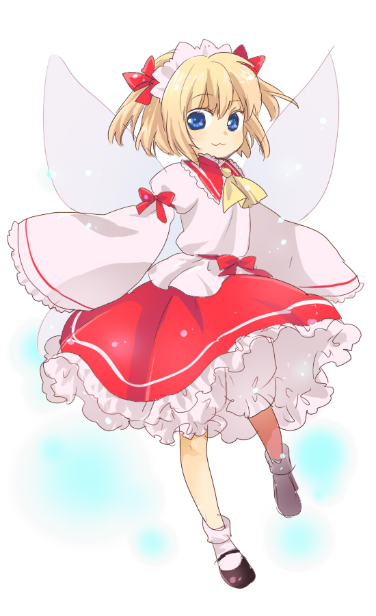 machiko (beard), sunny milk, eastern and little nature deity, touhou, 1girl, :3, blonde hair, bloomers, blue eyes, female focus, full body, mary janes, ribbon, shoes, short hair, solo, underwear, white background, wings