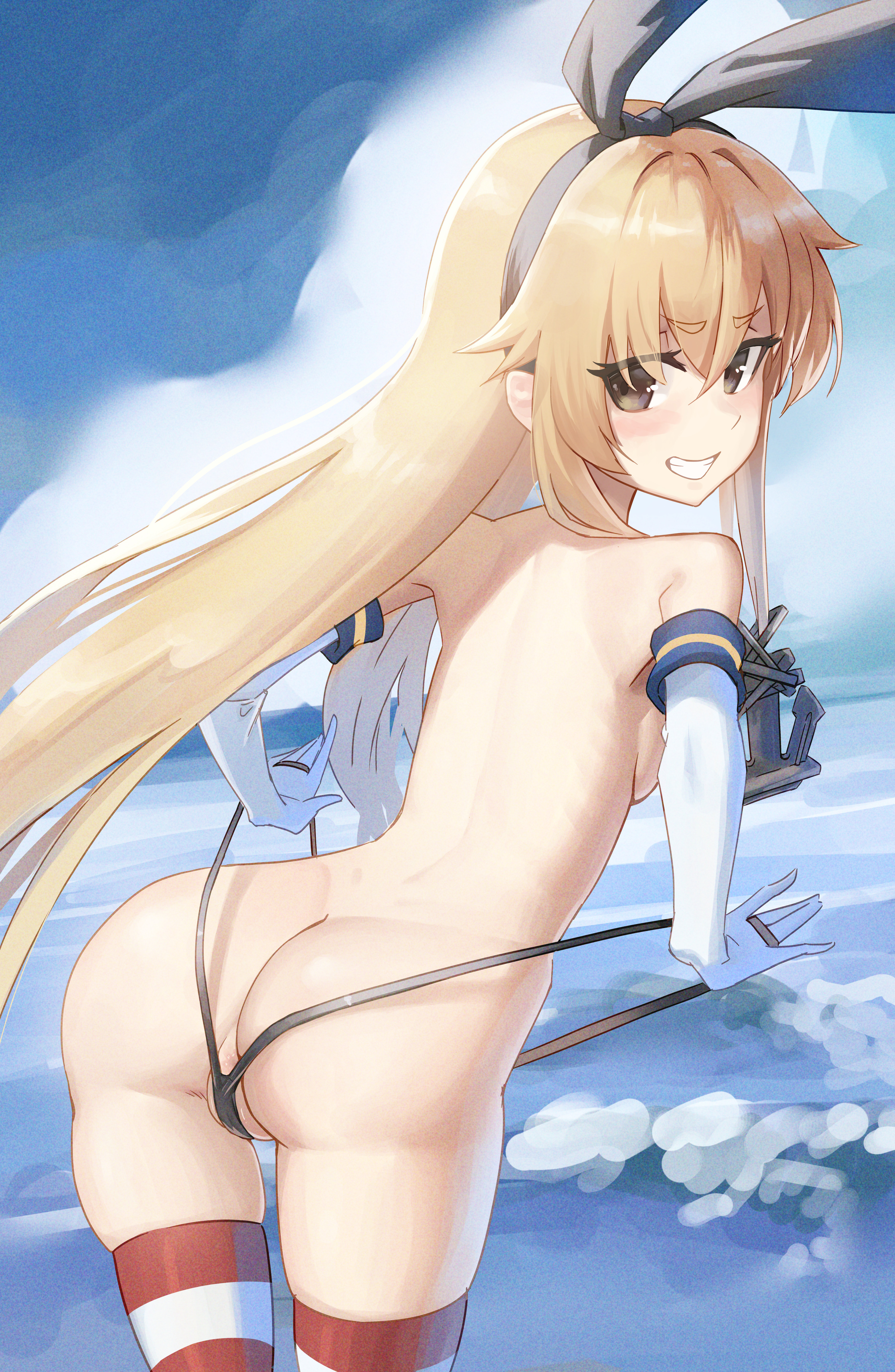 nstch root a, shimakaze (kancolle), kantai collection, absurdres, highres, 1girl, anchor hair ornament, animal ears, ass, blonde hair, breasts, detached sleeves, gloves, groin, hair ornament, kneehighs, long hair, looking at viewer, looking back, ocean, panties, rabbit ears, small breasts, smile, socks, solo, string panties, striped clothes, striped socks, teeth, topless female, underwear, white gloves, yellow eyes