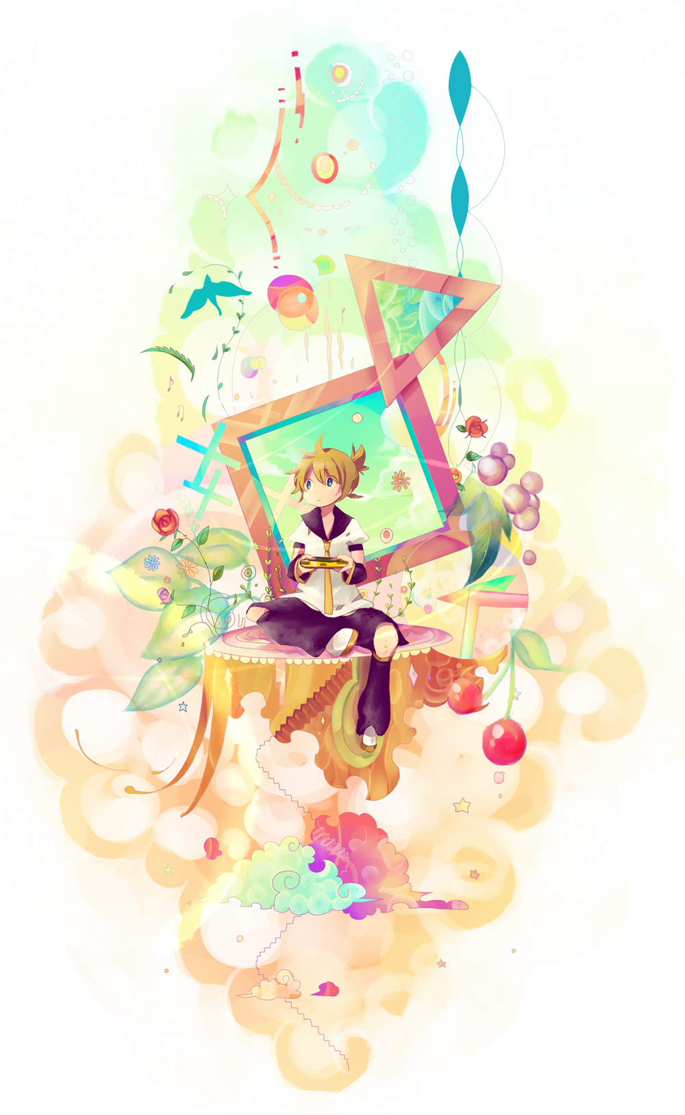 hashimochi, hasimochi, kagamine len, vocaloid, highres, 1boy, bird, blonde hair, blue eyes, cherry, flower, food, fruit, handheld game console, male focus, playstation portable, ponytail, rose, short hair, short ponytail, shorts, sitting, solo