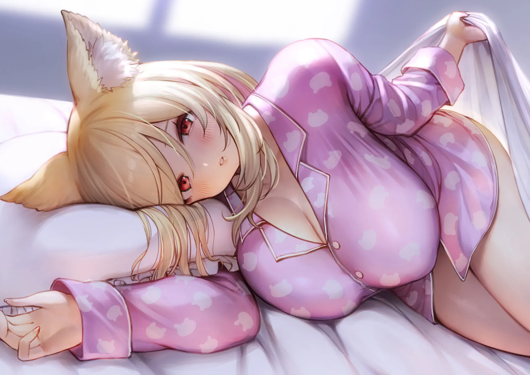 gougasha akira, hitotsubashi monaka, indie virtual youtuber, commentary request, highres, 1girl, animal ear fluff, animal ears, bed, bed sheet, blonde hair, blush, breasts, buttons, cleavage, dot nose, large breasts, lifting covers, long hair, looking at viewer, lying, multicolored hair, night, no pants, on bed, on side, open mouth, pajamas, pillow, pink pajamas, red eyes, solo, two-tone hair, virtual youtuber, wolf ears, wolf girl