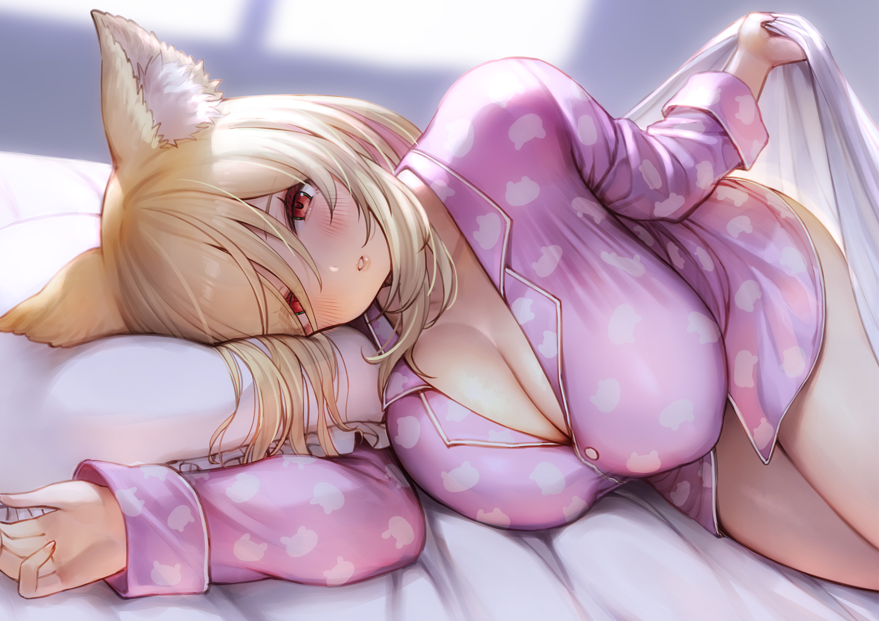 gougasha akira, hitotsubashi monaka, indie virtual youtuber, commentary request, highres, 1girl, animal ear fluff, animal ears, bed, bed sheet, blonde hair, blush, breasts, buttons, cleavage, dot nose, large breasts, lifting covers, long hair, looking at viewer, lying, multicolored hair, night, no pants, on bed, on side, open mouth, pajamas, pillow, pink pajamas, red eyes, solo, two-tone hair, virtual youtuber, wolf ears, wolf girl