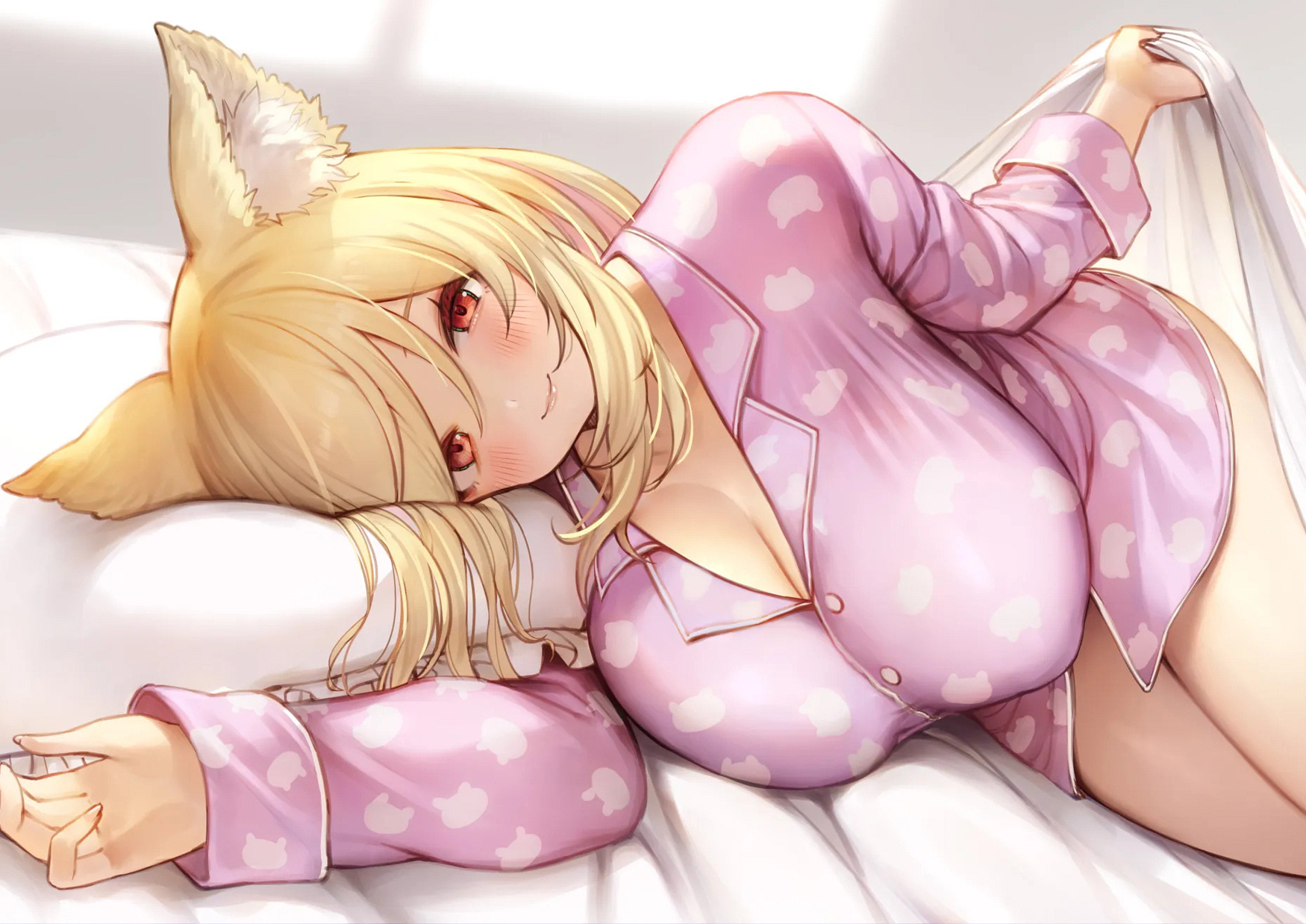 gougasha akira, hitotsubashi monaka, indie virtual youtuber, commentary request, highres, 1girl, animal ear fluff, animal ears, blonde hair, blush, breasts, buttons, cleavage, closed mouth, day, dot nose, large breasts, lifting covers, long hair, looking at viewer, lying, multicolored hair, no pants, on bed, on side, pajamas, pillow, pink pajamas, red eyes, smile, solo, two-tone hair, virtual youtuber, wolf ears, wolf girl